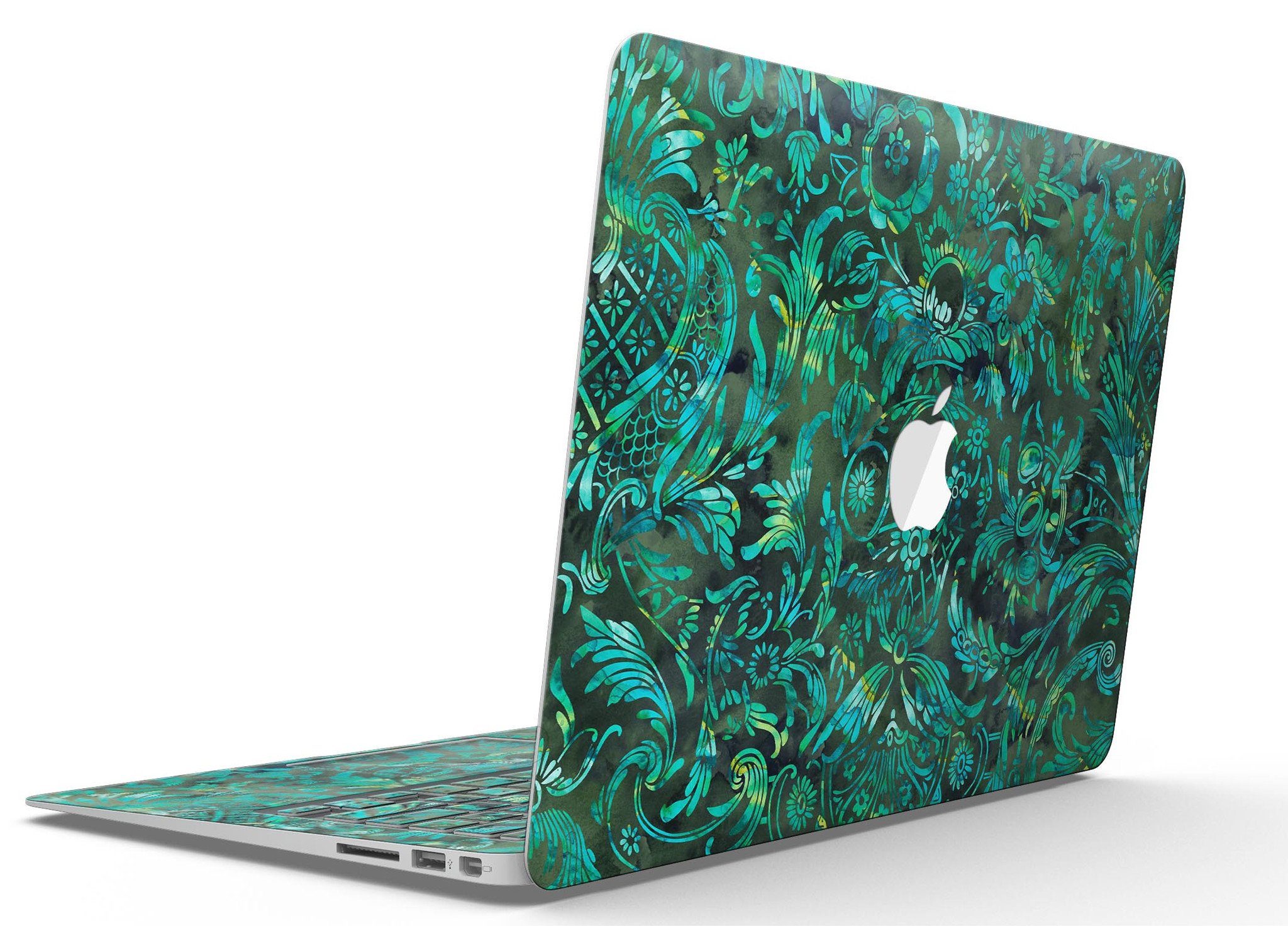 Green Damask Watercolor Pattern MacBook Air Skin Kit showcasing a vibrant and elegant design, perfect for personalizing your device.