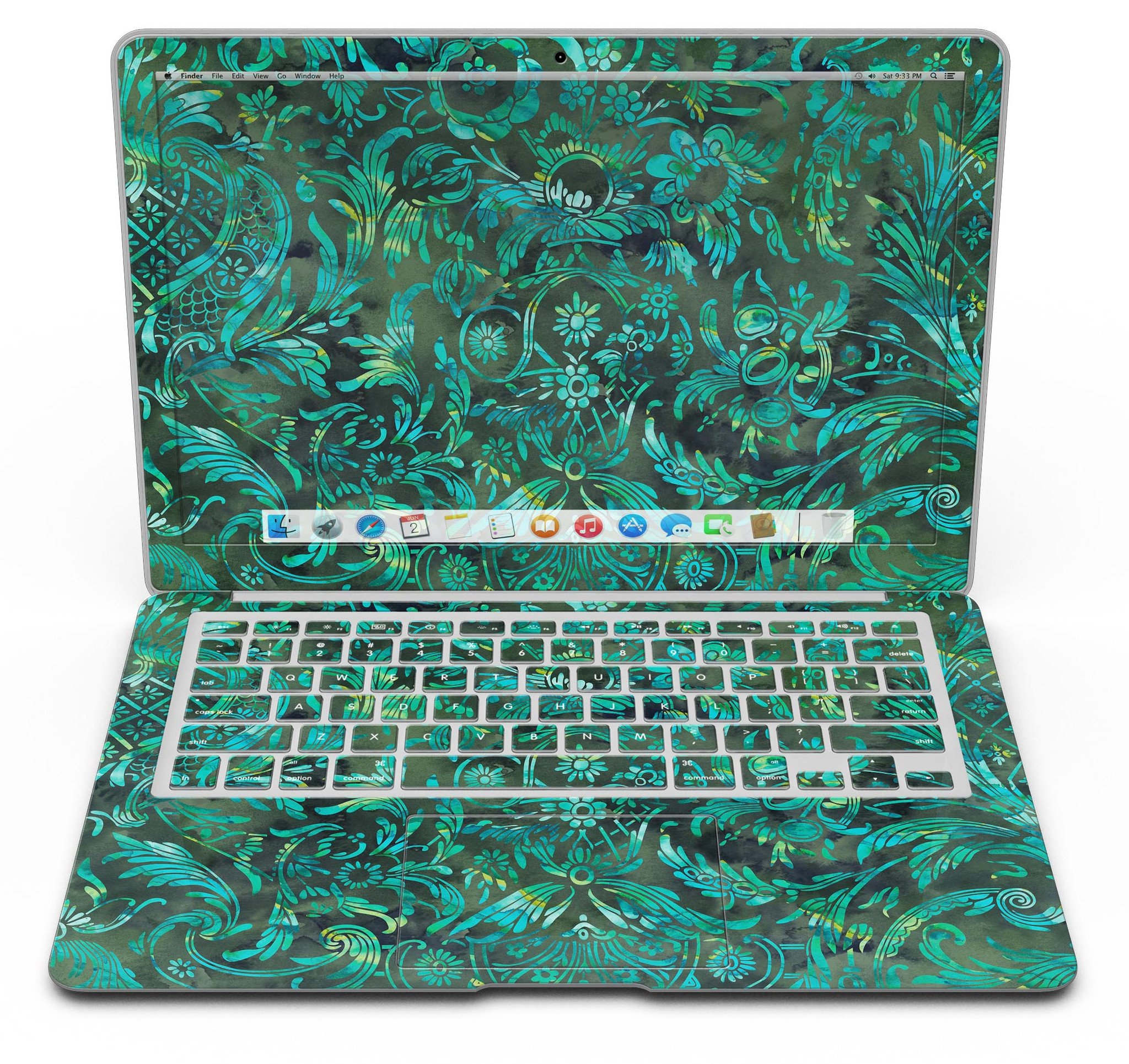 Green Damask Watercolor Pattern MacBook Air Skin Kit showcasing a vibrant and elegant design, perfect for personalizing your device.