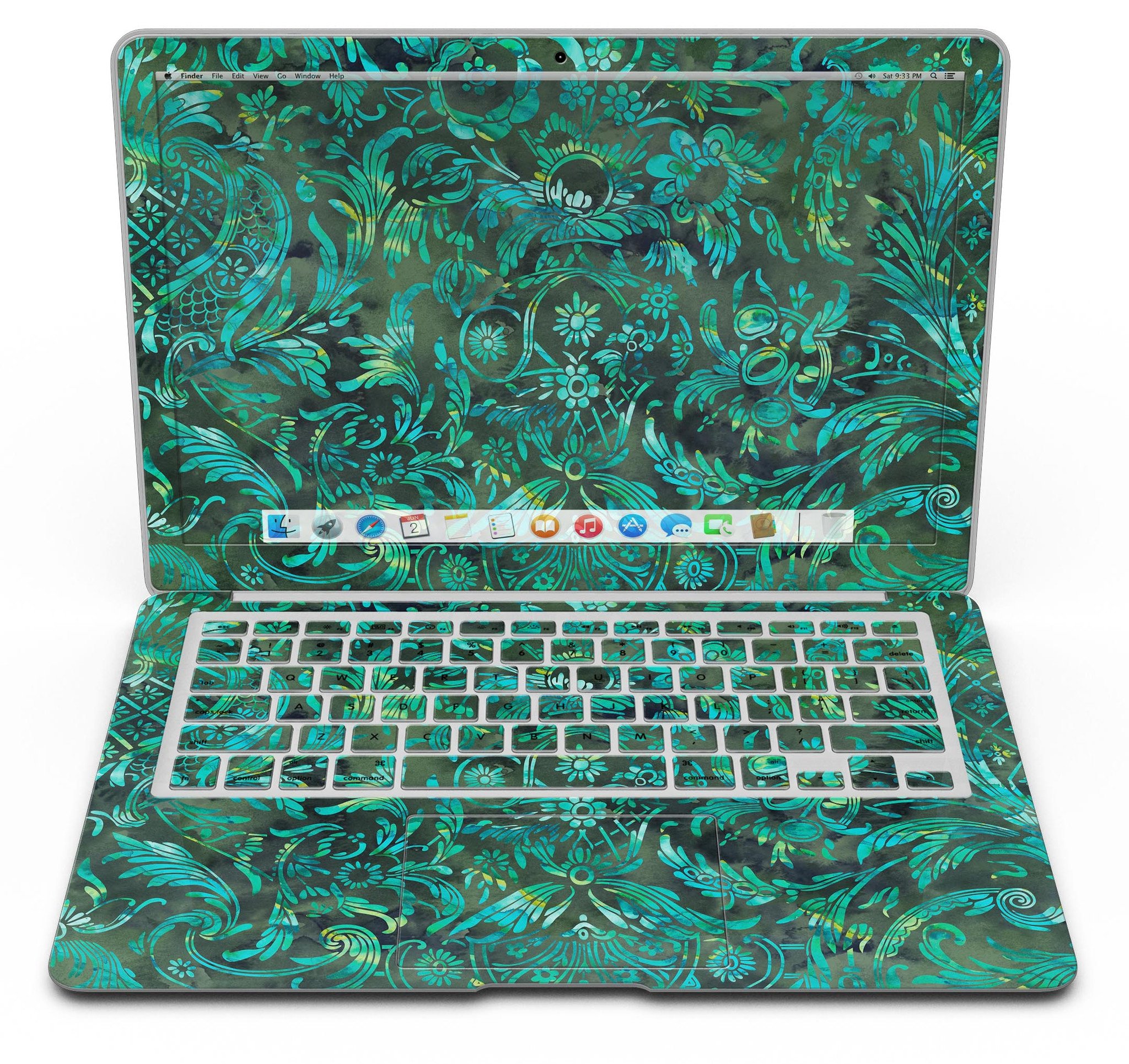 Green Damask Watercolor Pattern MacBook Air Skin Kit showcasing a vibrant and elegant design, perfect for personalizing your device.