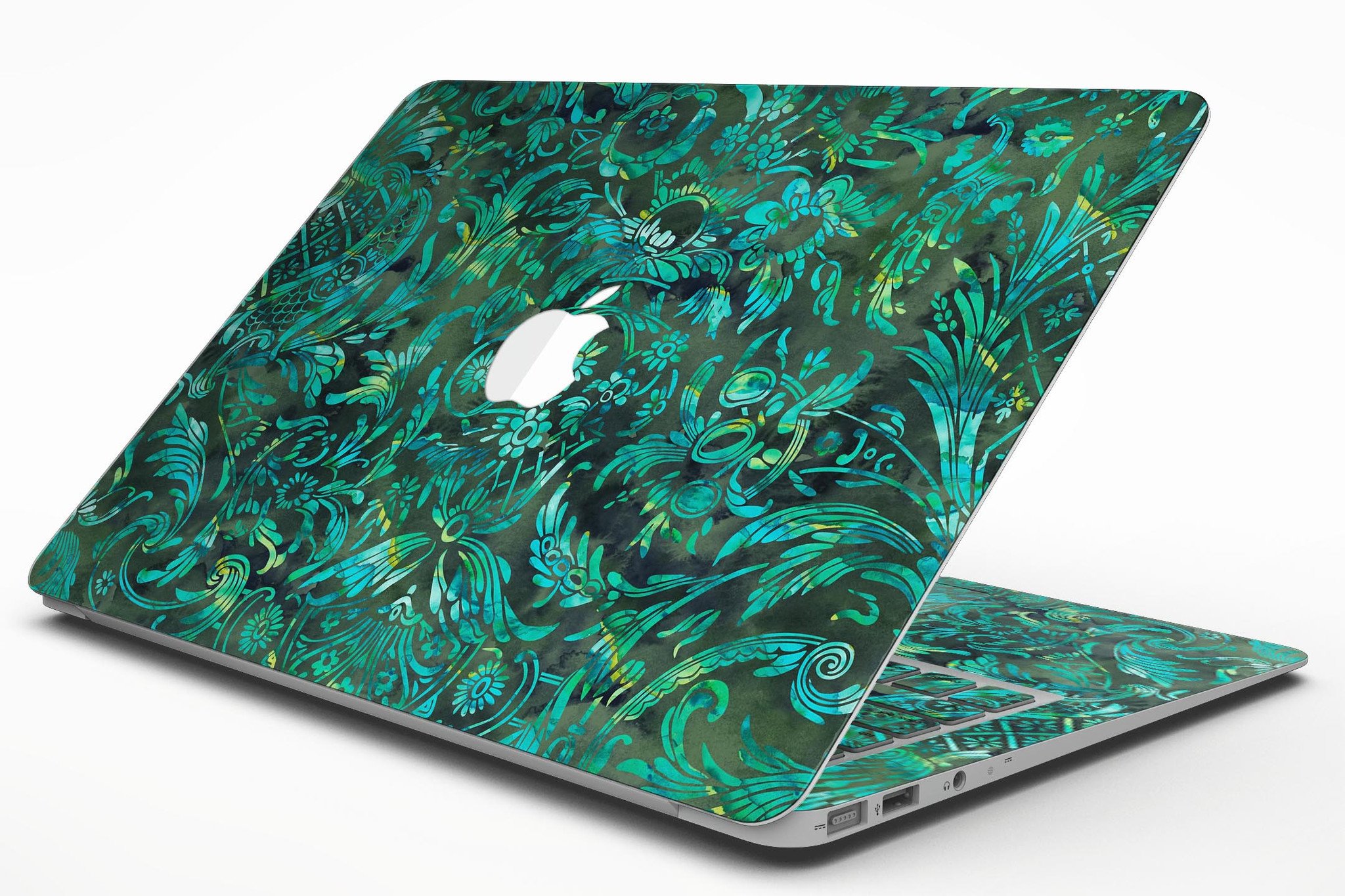 Green Damask Watercolor Pattern MacBook Air Skin Kit showcasing a vibrant and elegant design, perfect for personalizing your device.