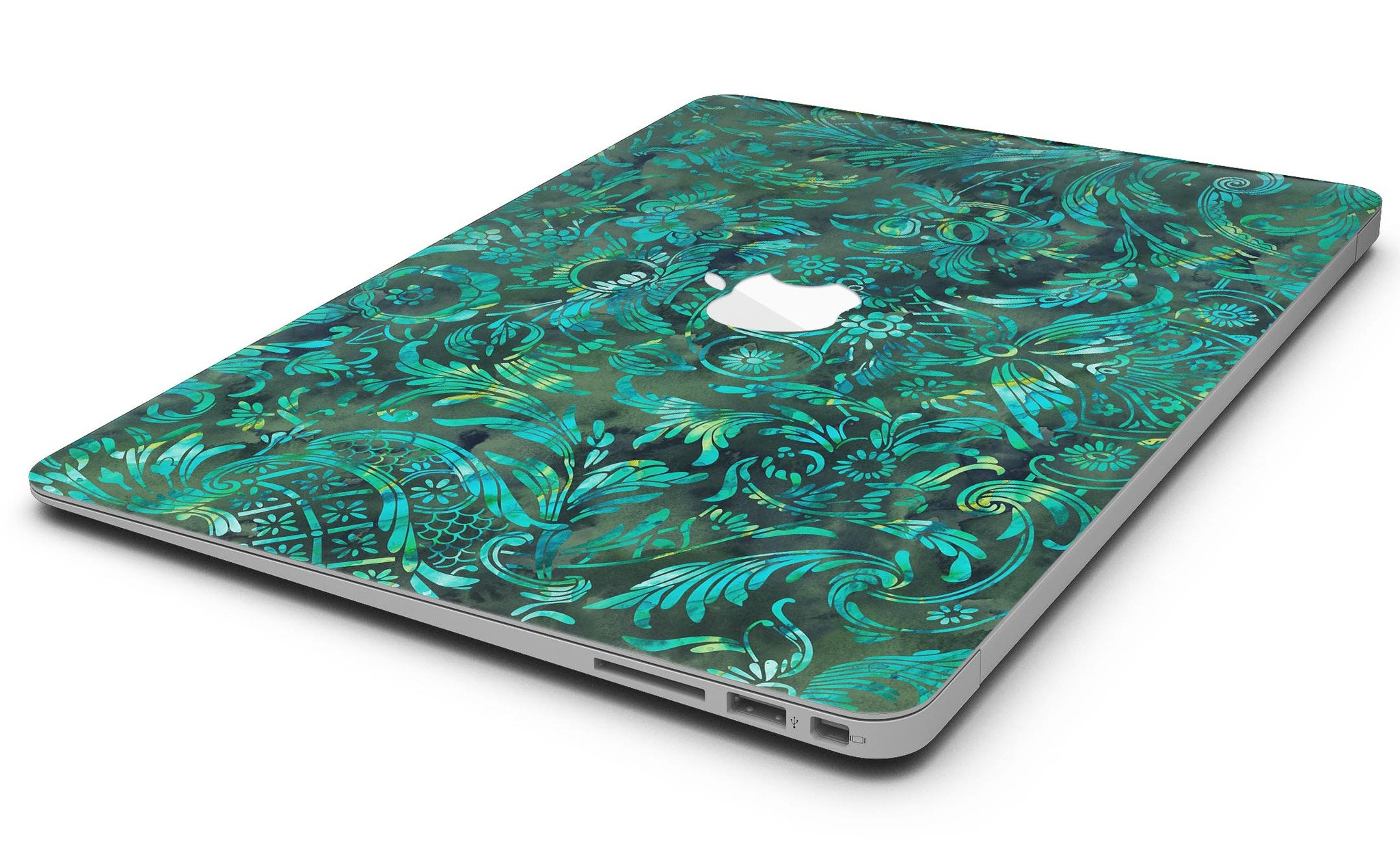 Green Damask Watercolor Pattern MacBook Air Skin Kit showcasing a vibrant and elegant design, perfect for personalizing your device.