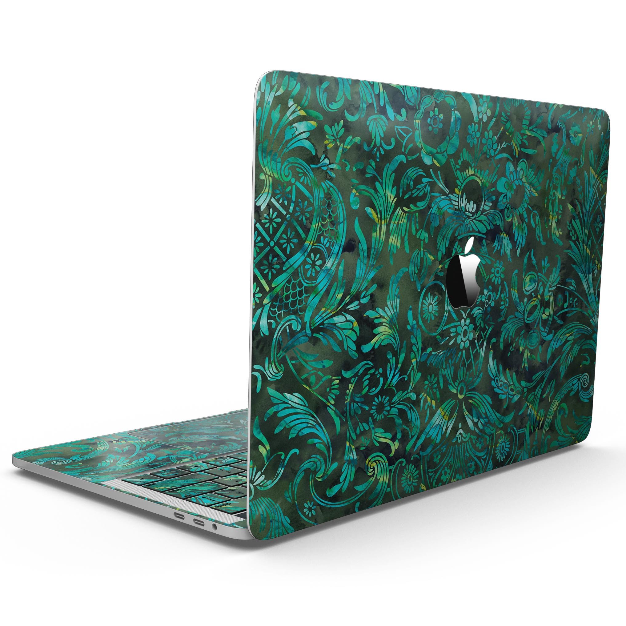 Green Damask Watercolor Pattern skin for MacBook Pro with Touch Bar, showcasing vibrant colors and intricate design.