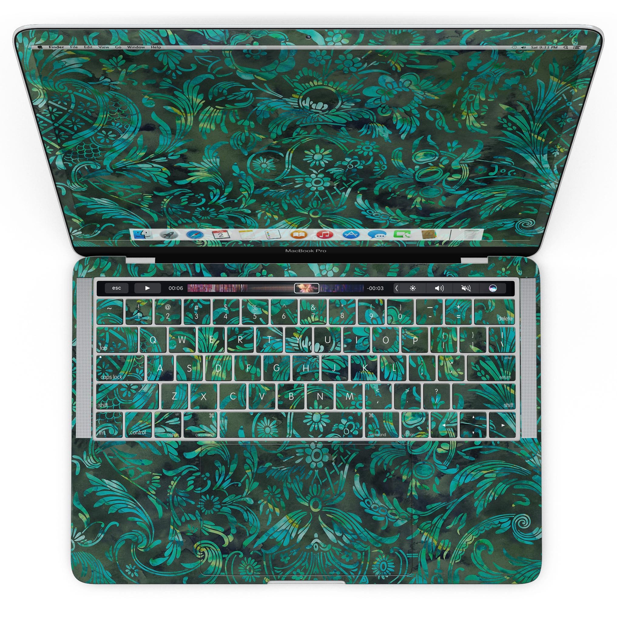 Green Damask Watercolor Pattern skin for MacBook Pro with Touch Bar, showcasing vibrant colors and intricate design.