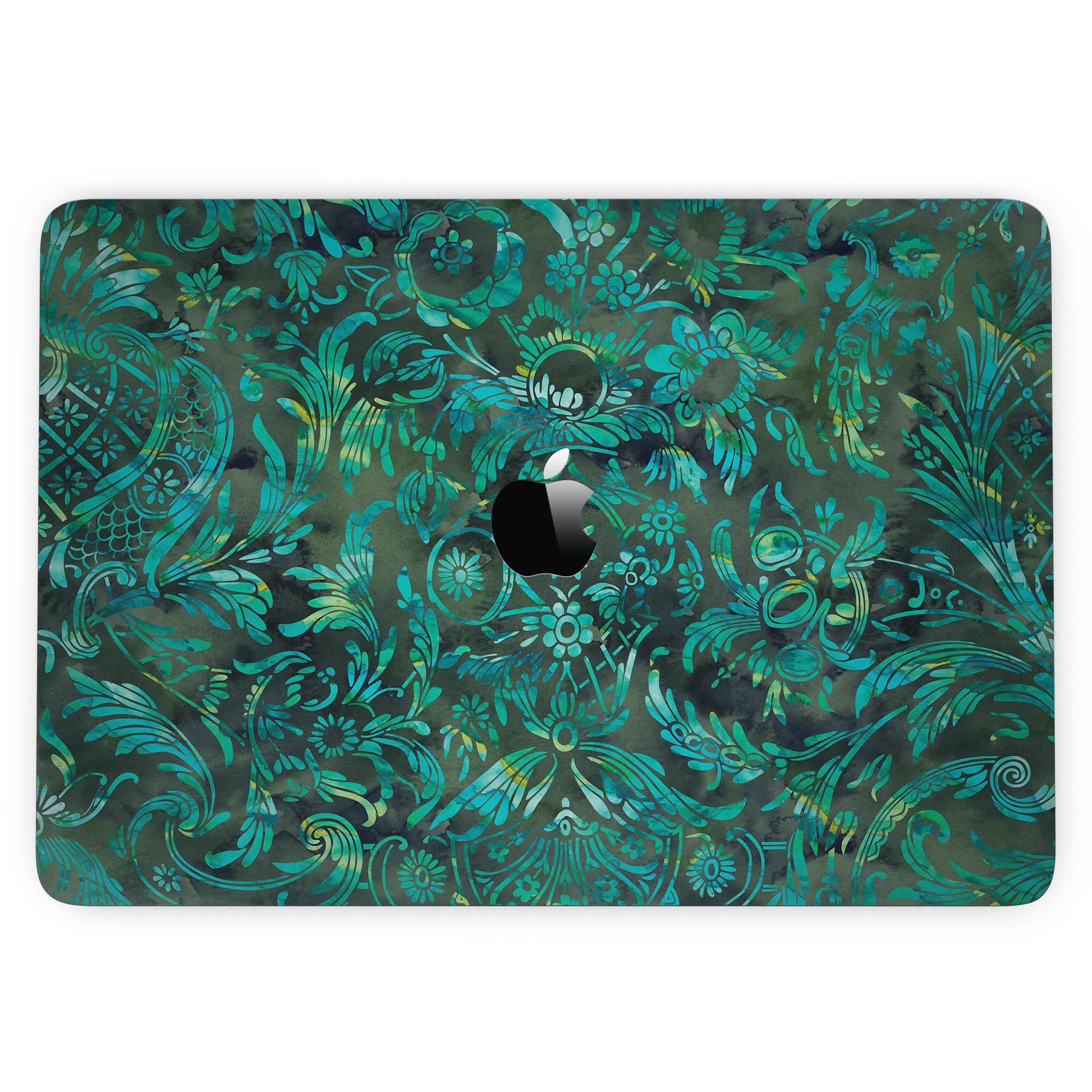 Green Damask Watercolor Pattern skin for MacBook Pro with Touch Bar, showcasing vibrant colors and intricate design.