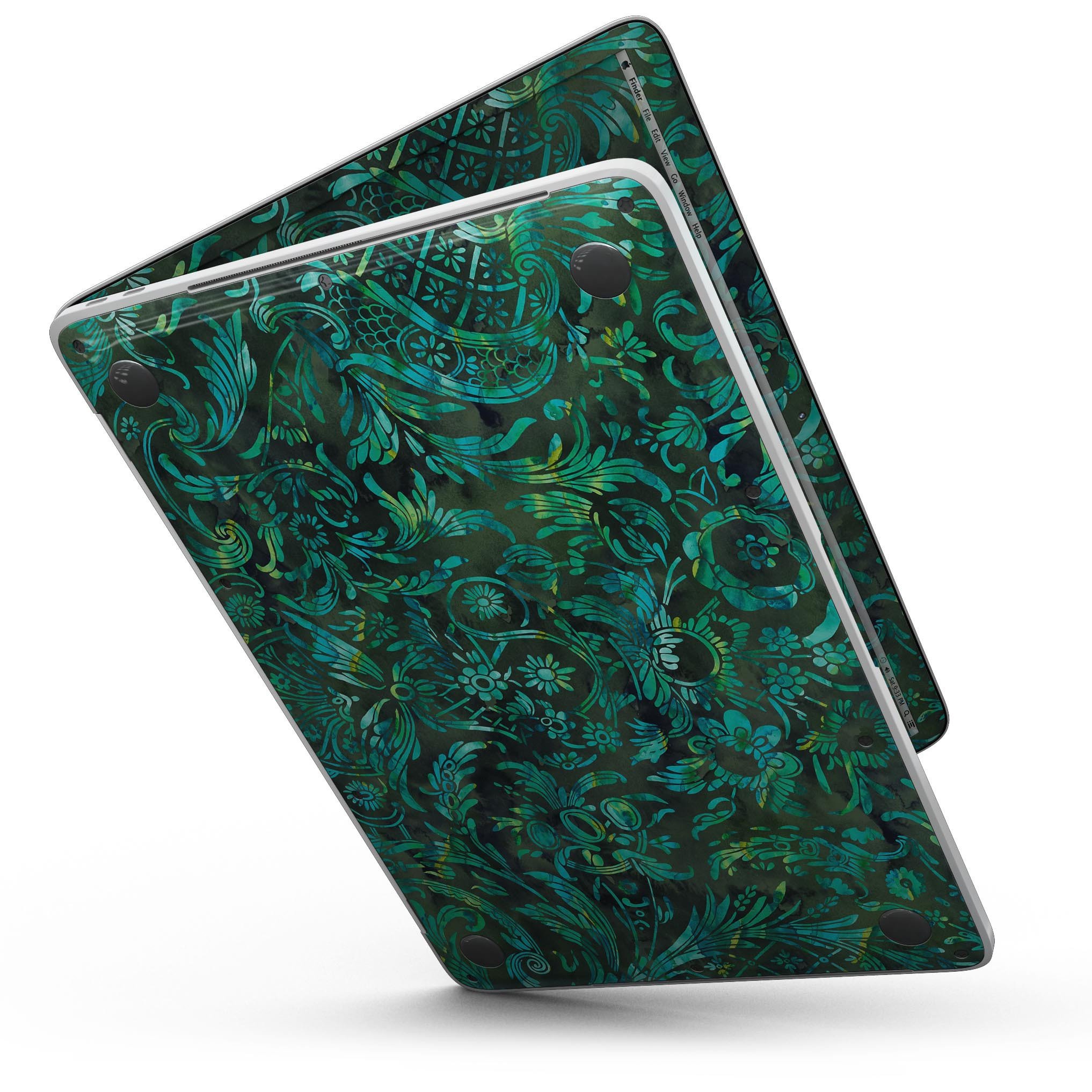 Green Damask Watercolor Pattern skin for MacBook Pro with Touch Bar, showcasing vibrant colors and intricate design.