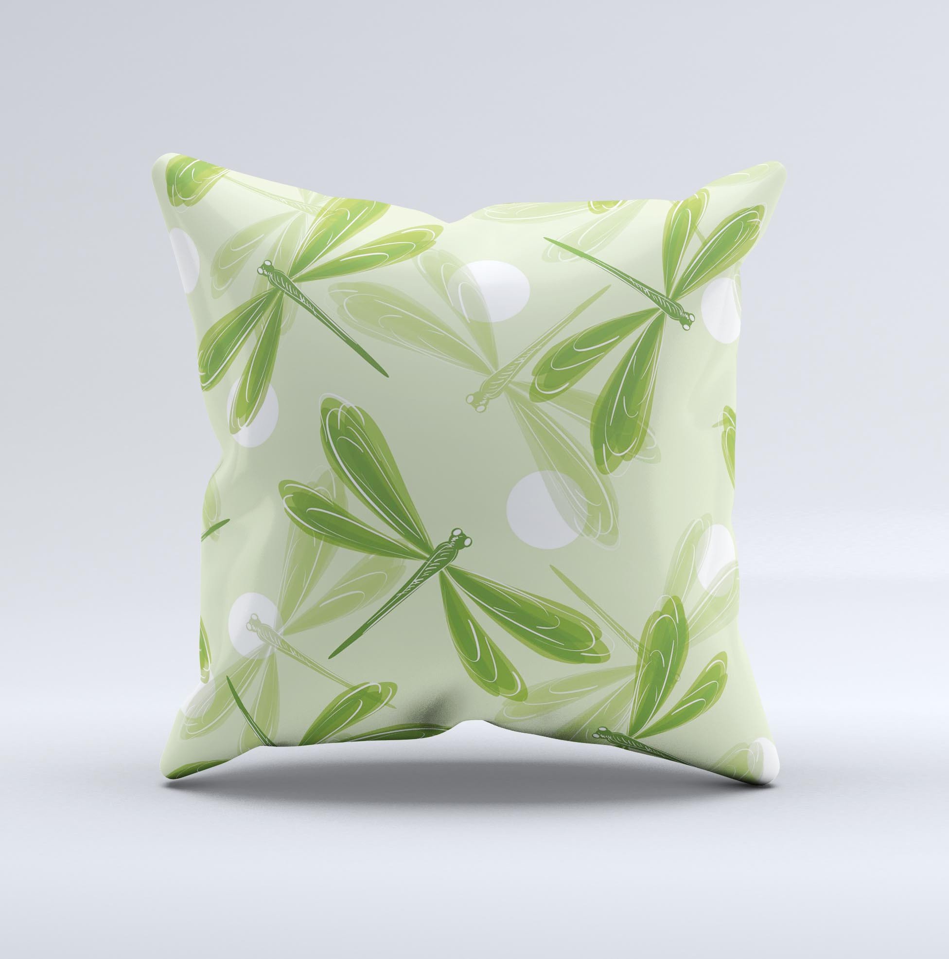 Green DragonFly Ink-Fuzed Decorative Throw Pillow featuring vibrant colors and unique handcrafted design, perfect for home decor.