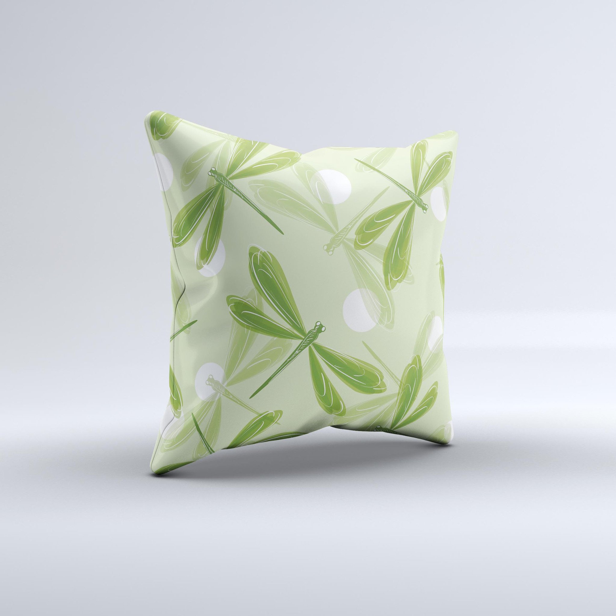 Green DragonFly Ink-Fuzed Decorative Throw Pillow featuring vibrant colors and unique handcrafted design, perfect for home decor.