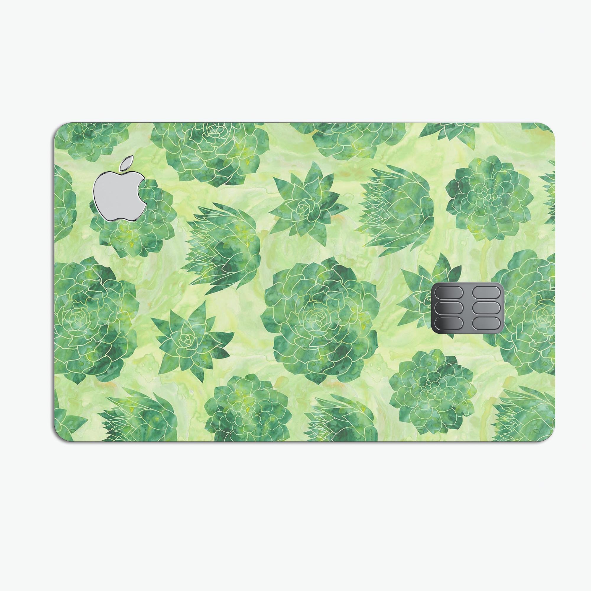 Green Floral Succulents decal skin for Apple Card, showcasing vibrant floral design on a protective vinyl layer.