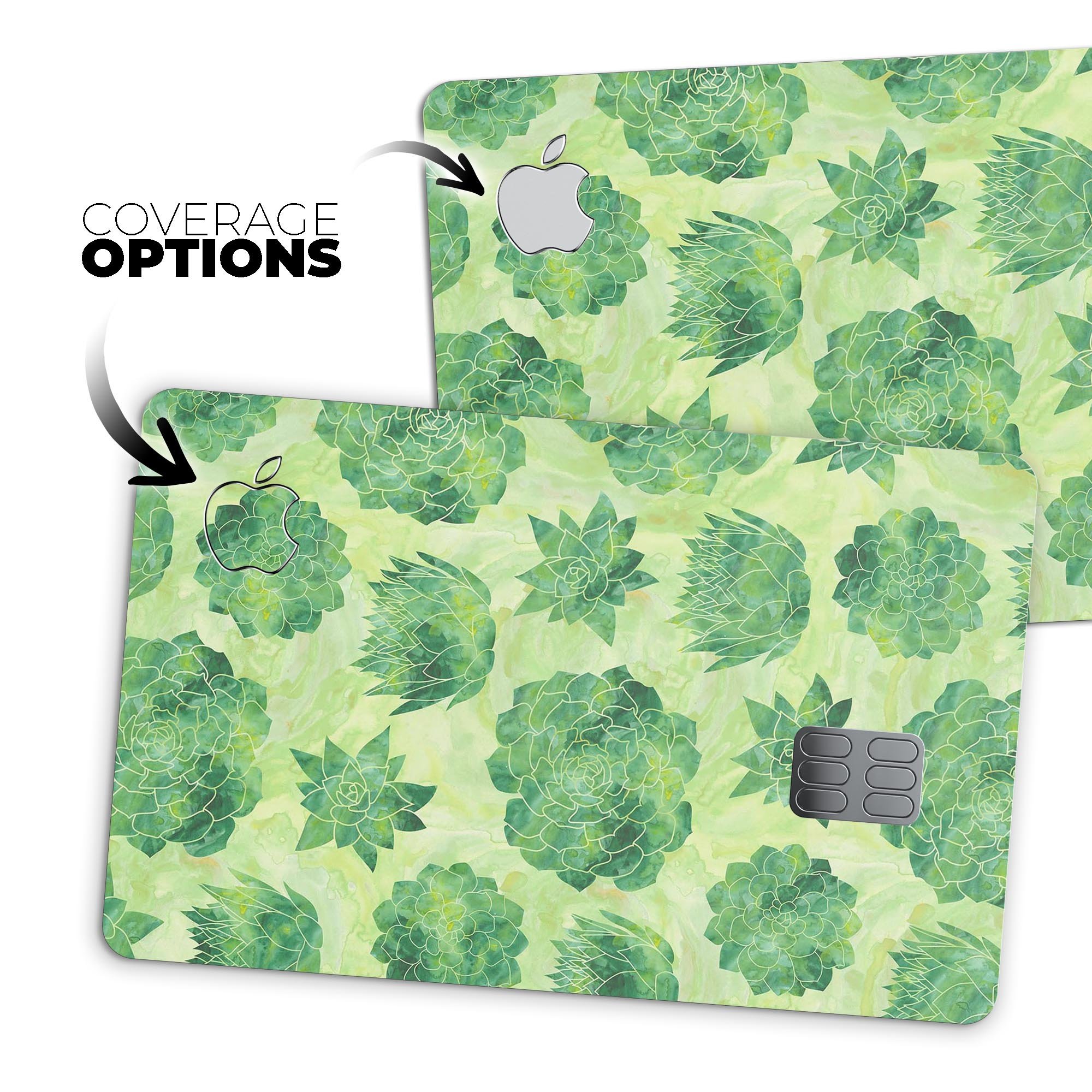 Green Floral Succulents decal skin for Apple Card, showcasing vibrant floral design on a protective vinyl layer.