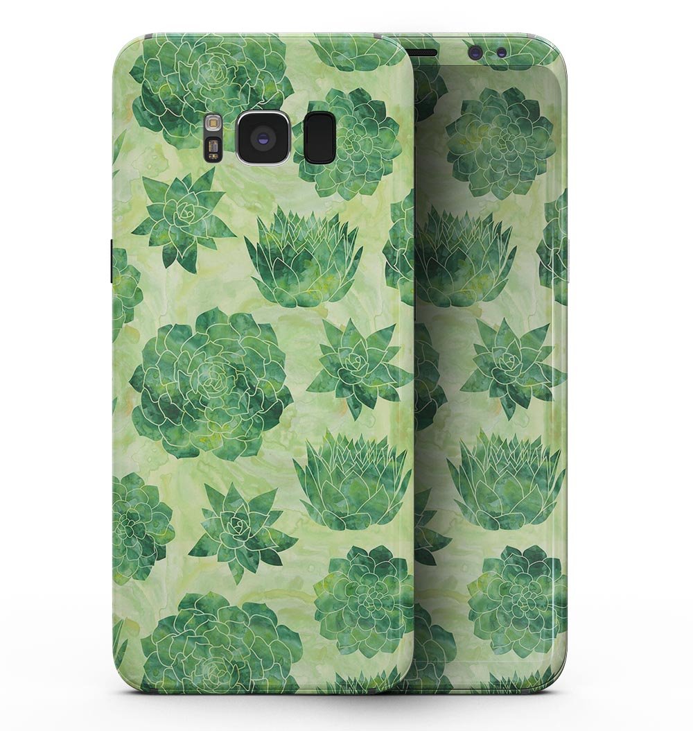 Green Floral Succulents skin kit for Samsung Galaxy S8, showcasing vibrant floral patterns on premium vinyl.