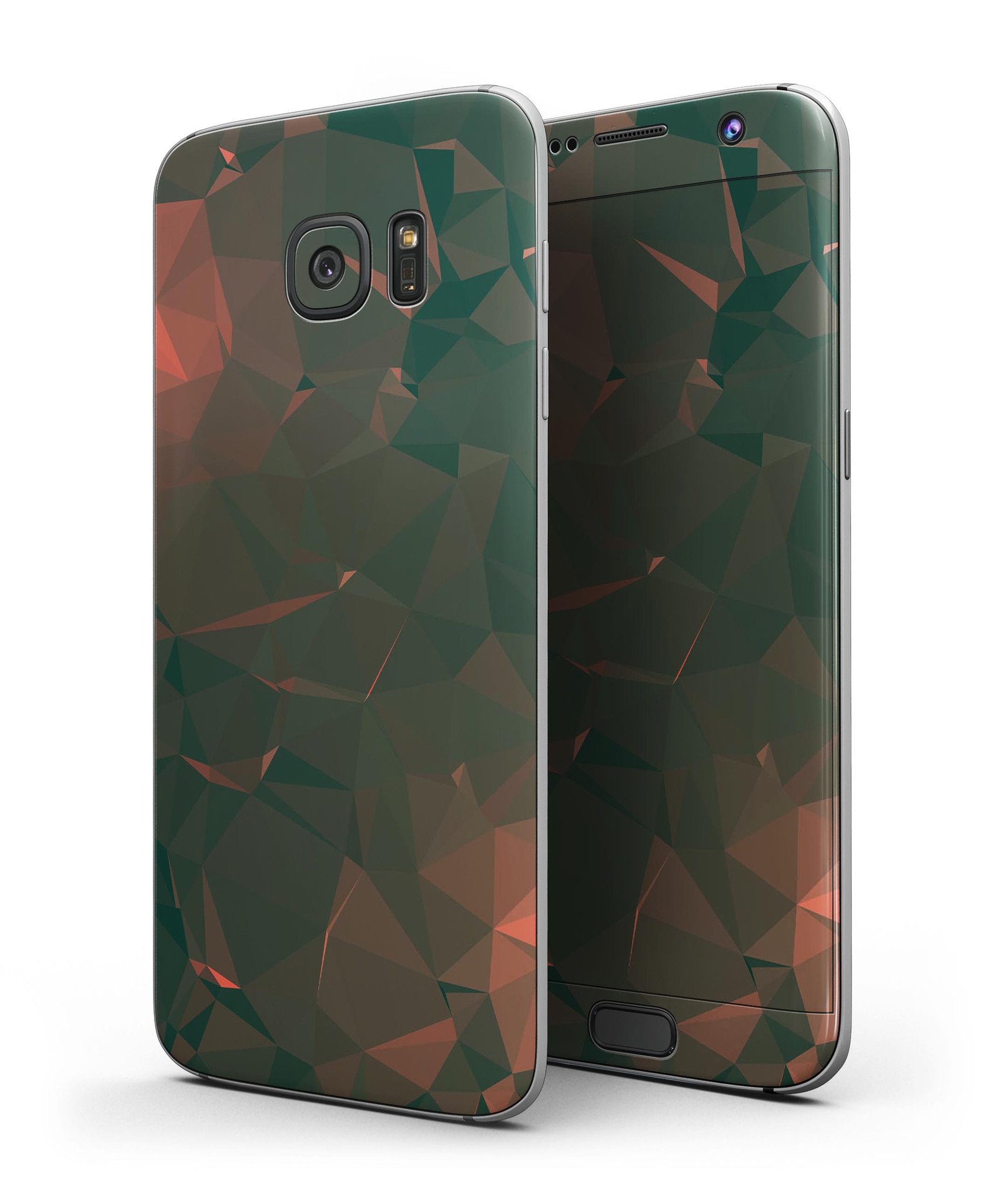 Green Geometric V10 Full Body Skin-Kit for Samsung Galaxy S7, showcasing vibrant geometric patterns and premium vinyl material.