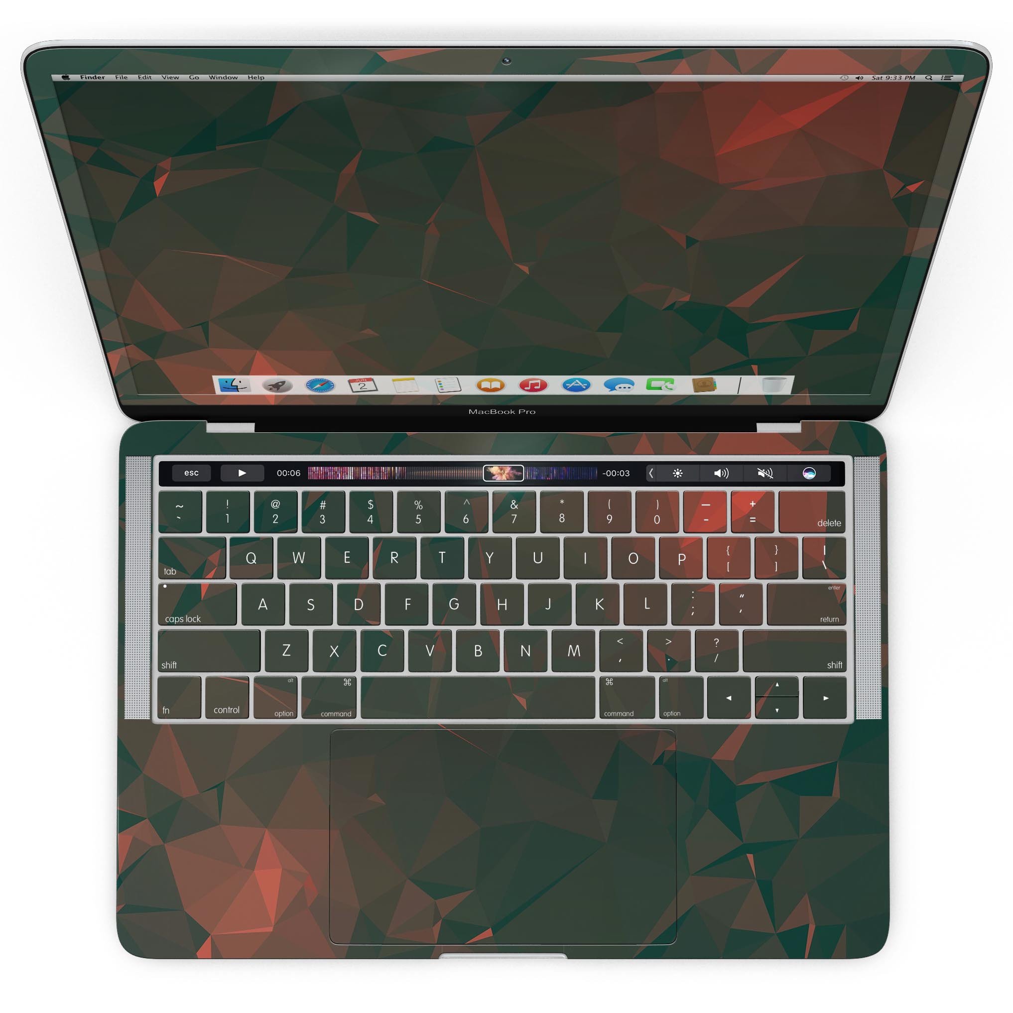 Green Geometric V10 skin kit for MacBook Pro with Touch Bar, showcasing a stylish geometric design on premium vinyl.