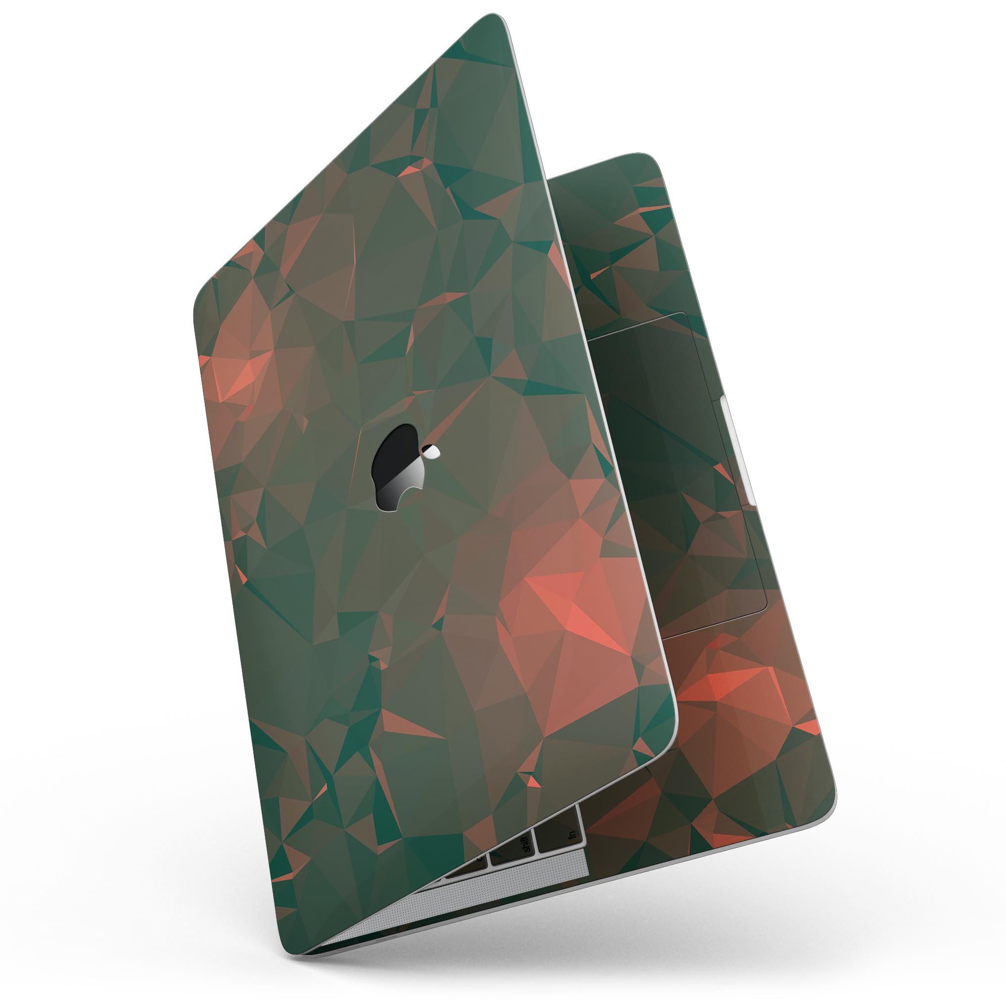 Green Geometric V10 skin kit for MacBook Pro with Touch Bar, showcasing a stylish geometric design on premium vinyl.