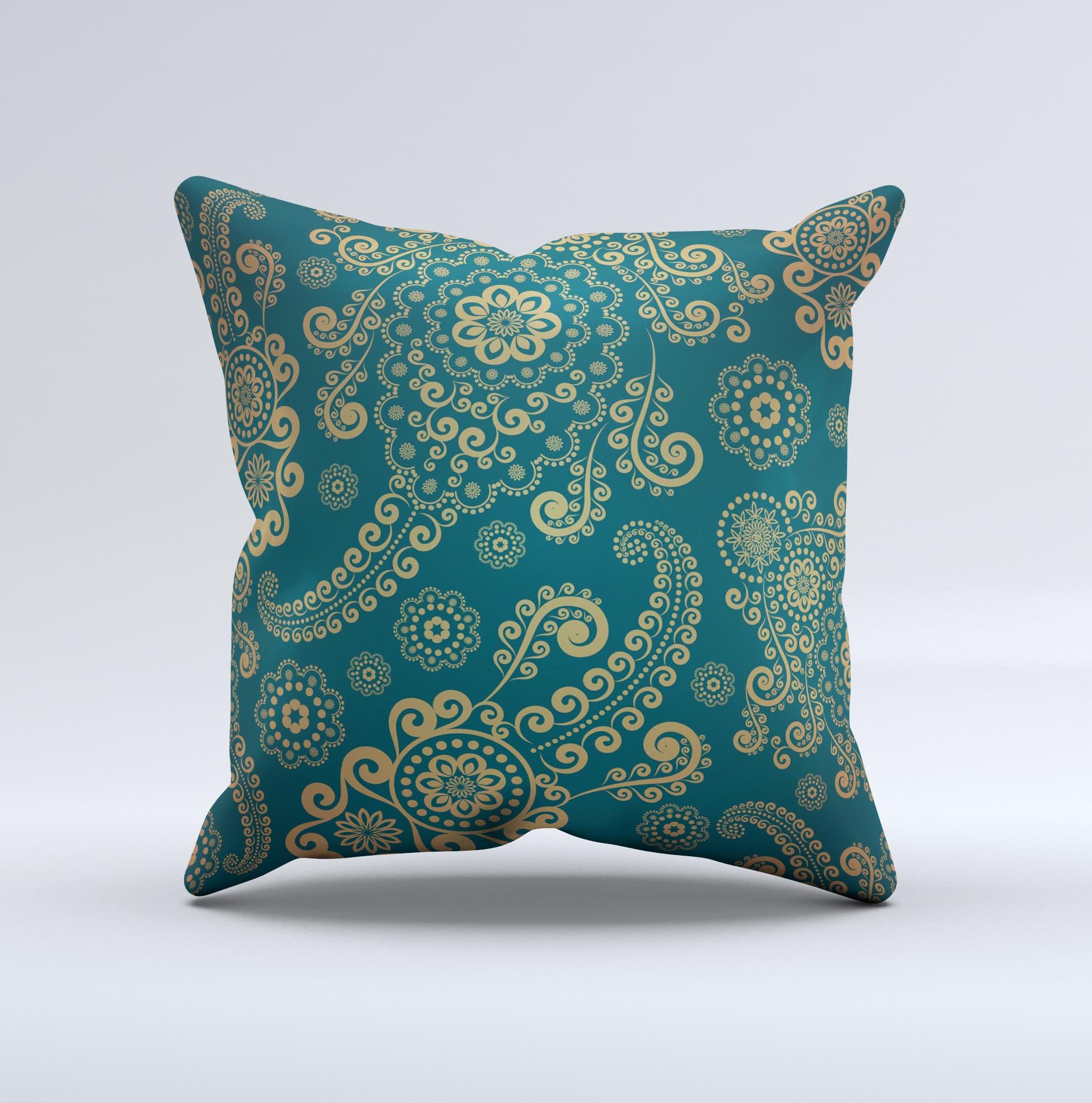 Green and gold decorative throw pillow featuring a lace pattern, handcrafted in Virginia with a soft poly/cotton cover and polyester filling.