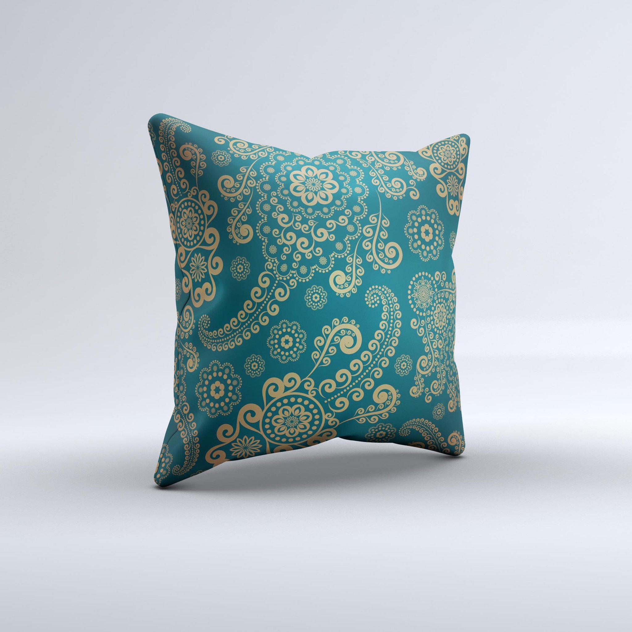 Green and gold decorative throw pillow featuring a lace pattern, handcrafted in Virginia with a soft poly/cotton cover and polyester filling.