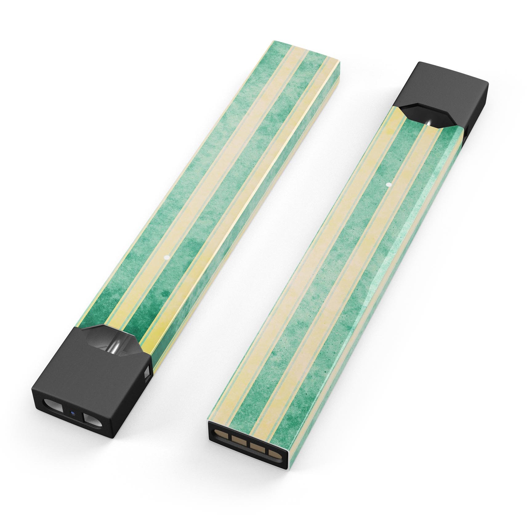 Green grunge vertical stripes decal on a yellow background for JUUL vaping device, showcasing vibrant colors and precise fit.