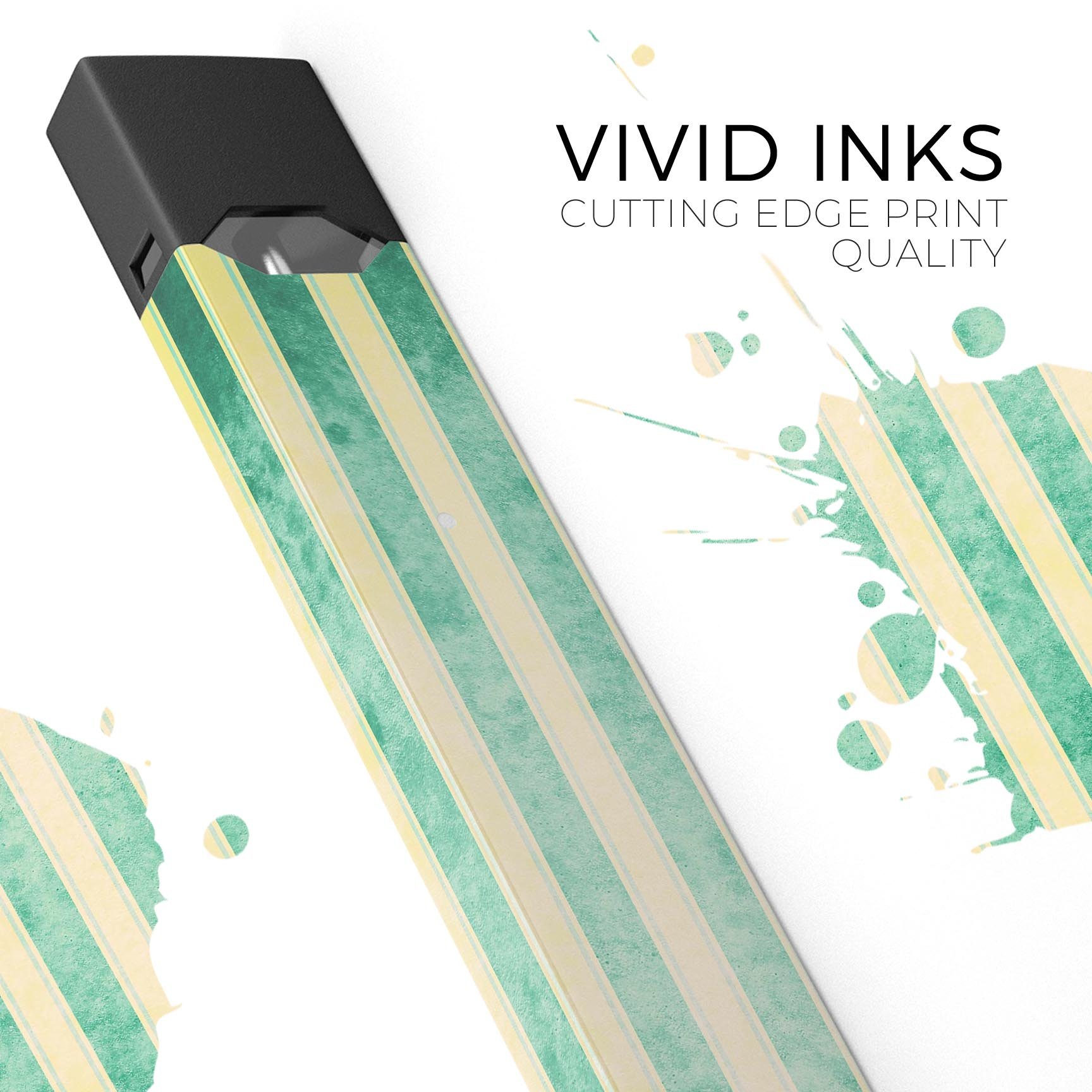 Green grunge vertical stripes decal on a yellow background for JUUL vaping device, showcasing vibrant colors and precise fit.