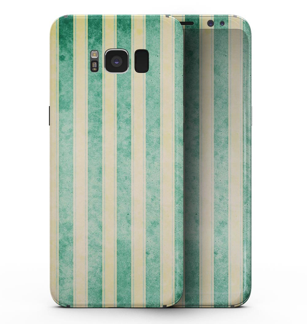 Samsung Galaxy S8 with Green Grunge Vertical Stripes skin, showcasing vibrant colors and stylish design.