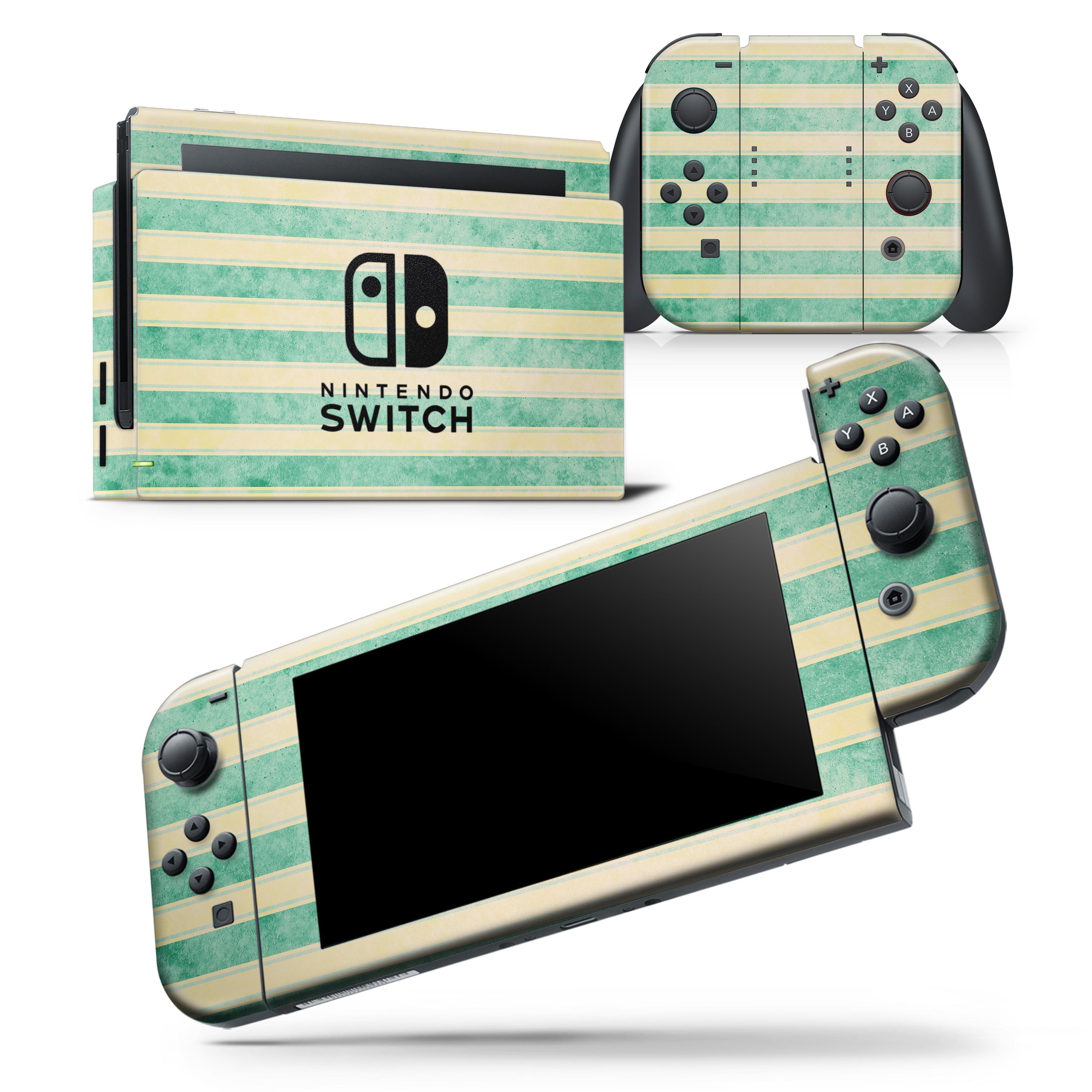 Green grunge vertical stripes skin wrap decal for Nintendo Switch, showcasing a unique design that enhances device aesthetics and protection.