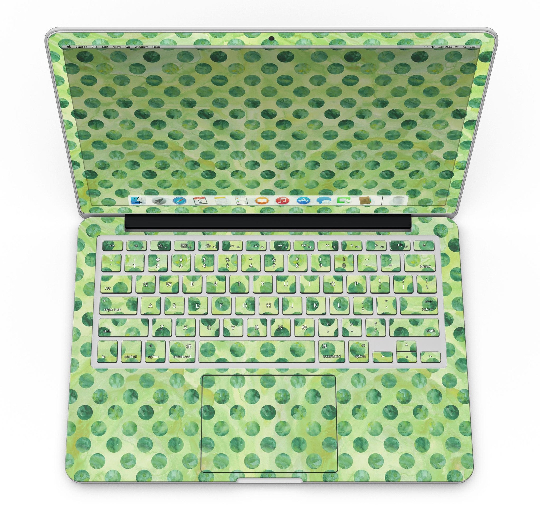 Green Halloween Watercolor Dots skin for MacBook Pro with Retina Display, showcasing vibrant colors and unique design.