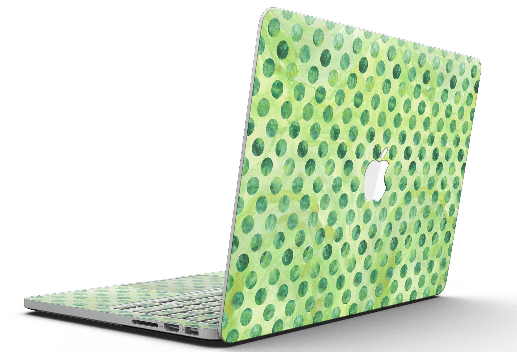 Green Halloween Watercolor Dots skin for MacBook Pro with Retina Display, showcasing vibrant colors and unique design.