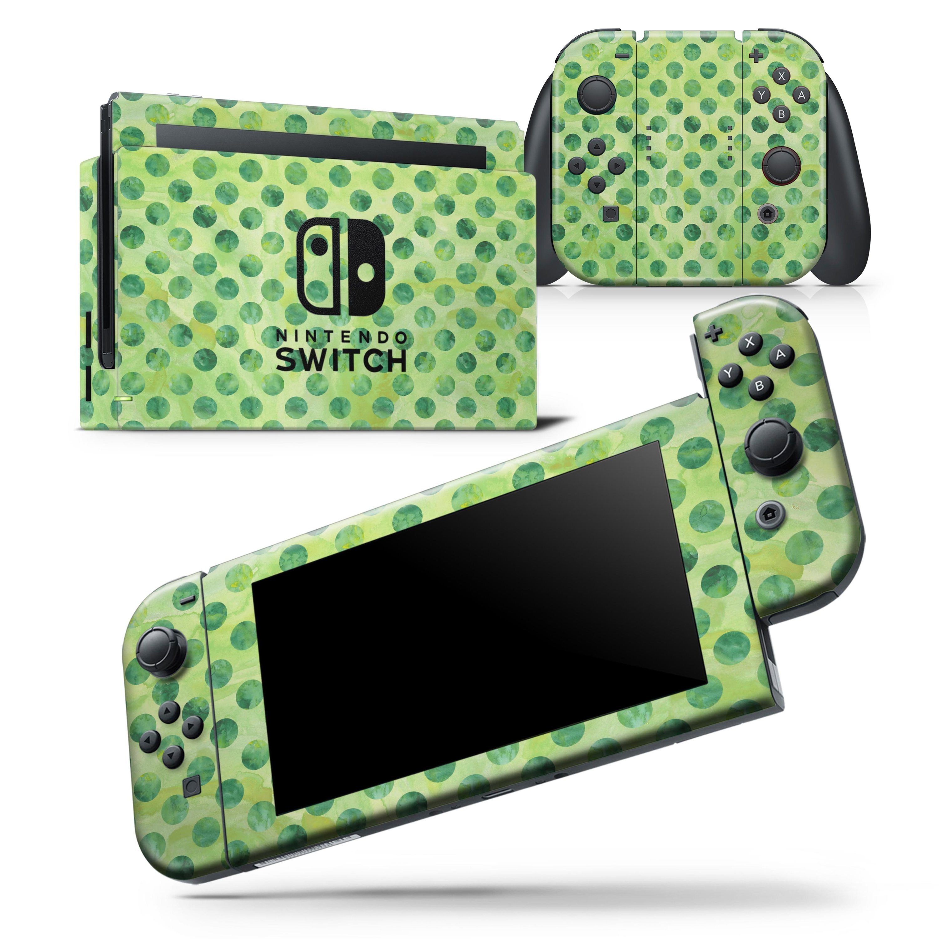 Green Halloween Watercolor Dots skin wrap decal for Nintendo Switch, featuring vibrant colors and a unique design for personalized gaming.