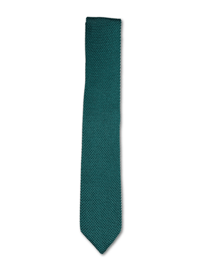 A stylish green knitted tie made of silk, featuring a pointed end and a 6cm width, perfect for formal occasions.