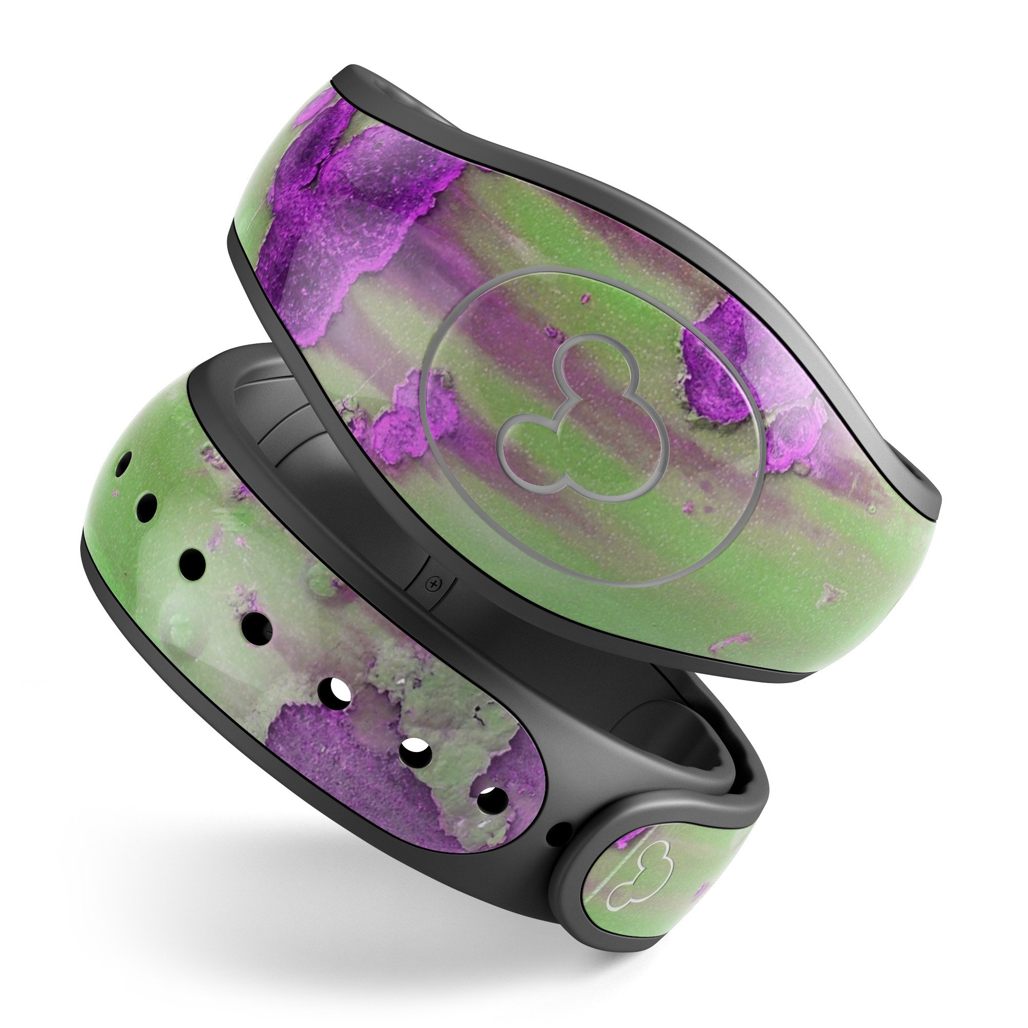 Green Metal with Purple Rust decal skin wrap kit for Disney Magic Band, showcasing vibrant colors and unique design.