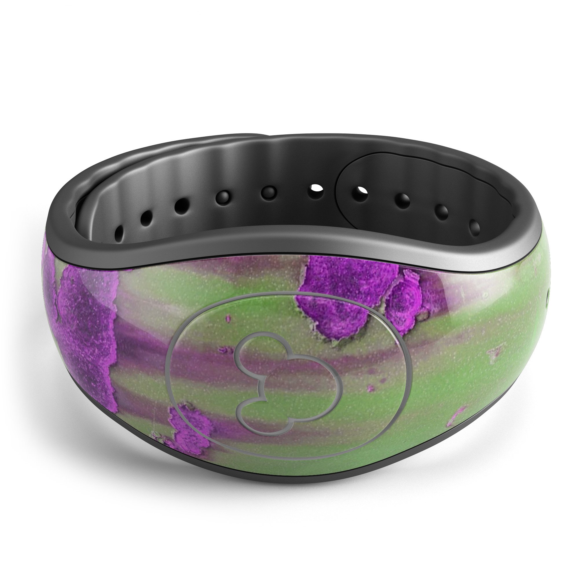 Green Metal with Purple Rust decal skin wrap kit for Disney Magic Band, showcasing vibrant colors and unique design.