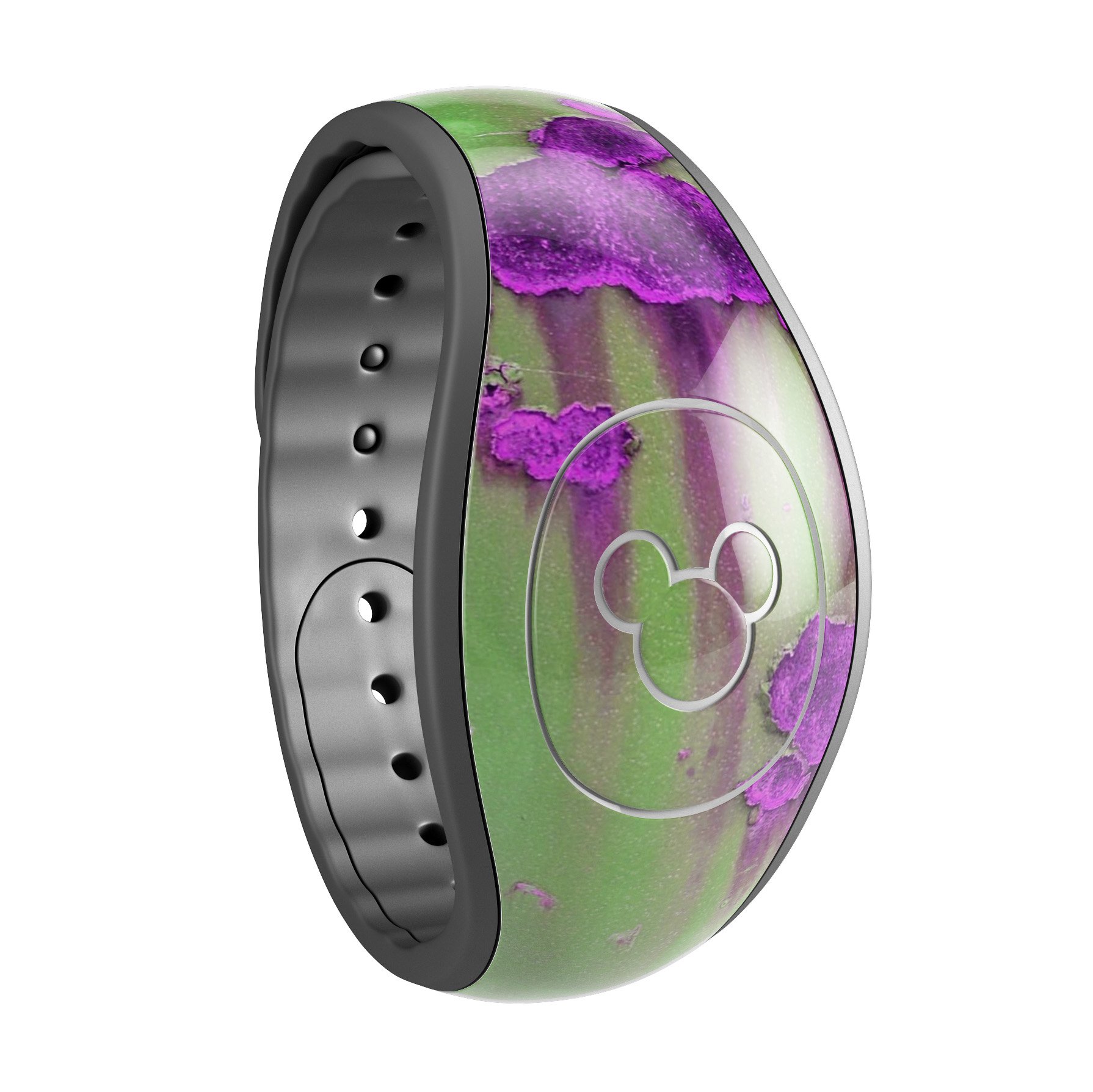 Green Metal with Purple Rust decal skin wrap kit for Disney Magic Band, showcasing vibrant colors and unique design.