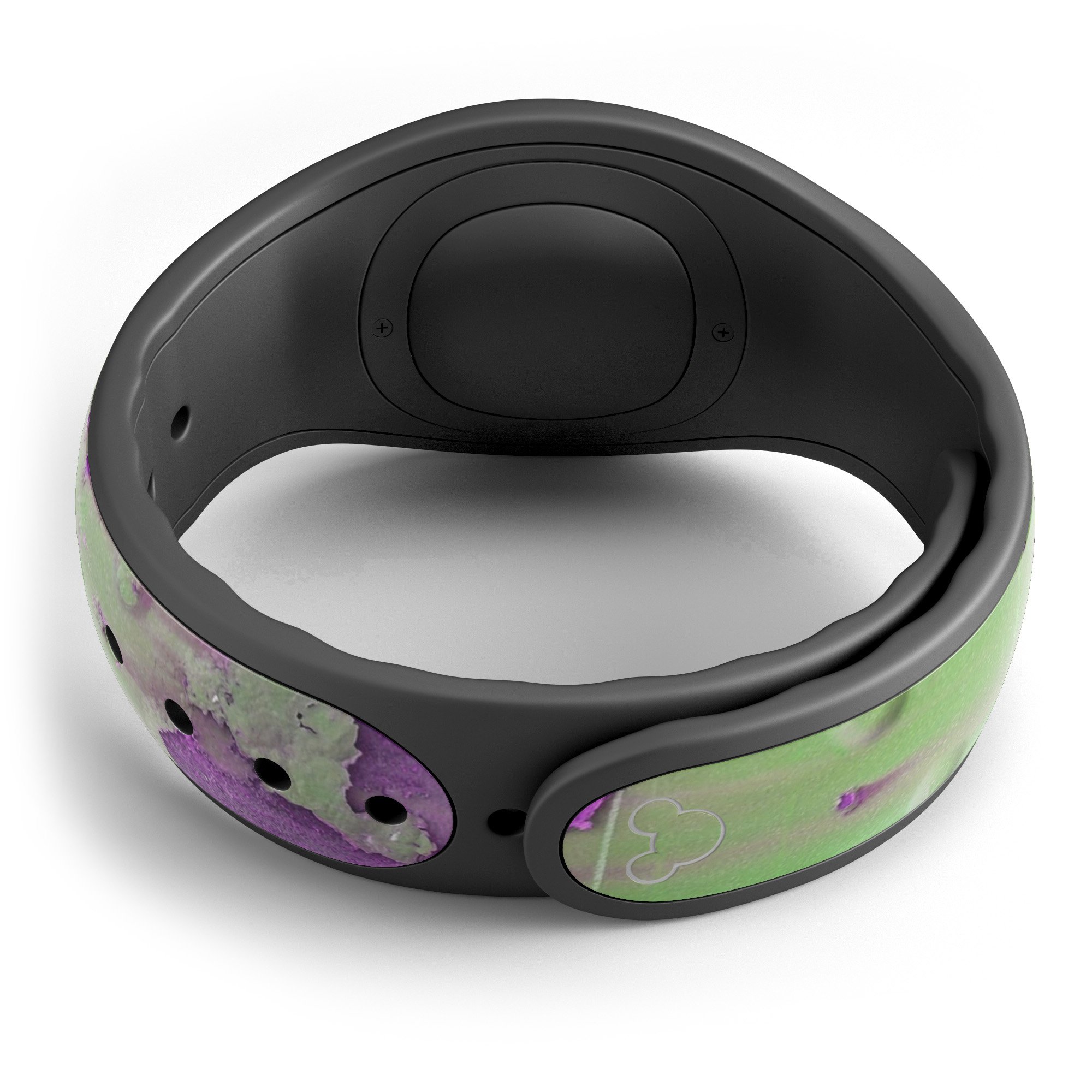 Green Metal with Purple Rust decal skin wrap kit for Disney Magic Band, showcasing vibrant colors and unique design.