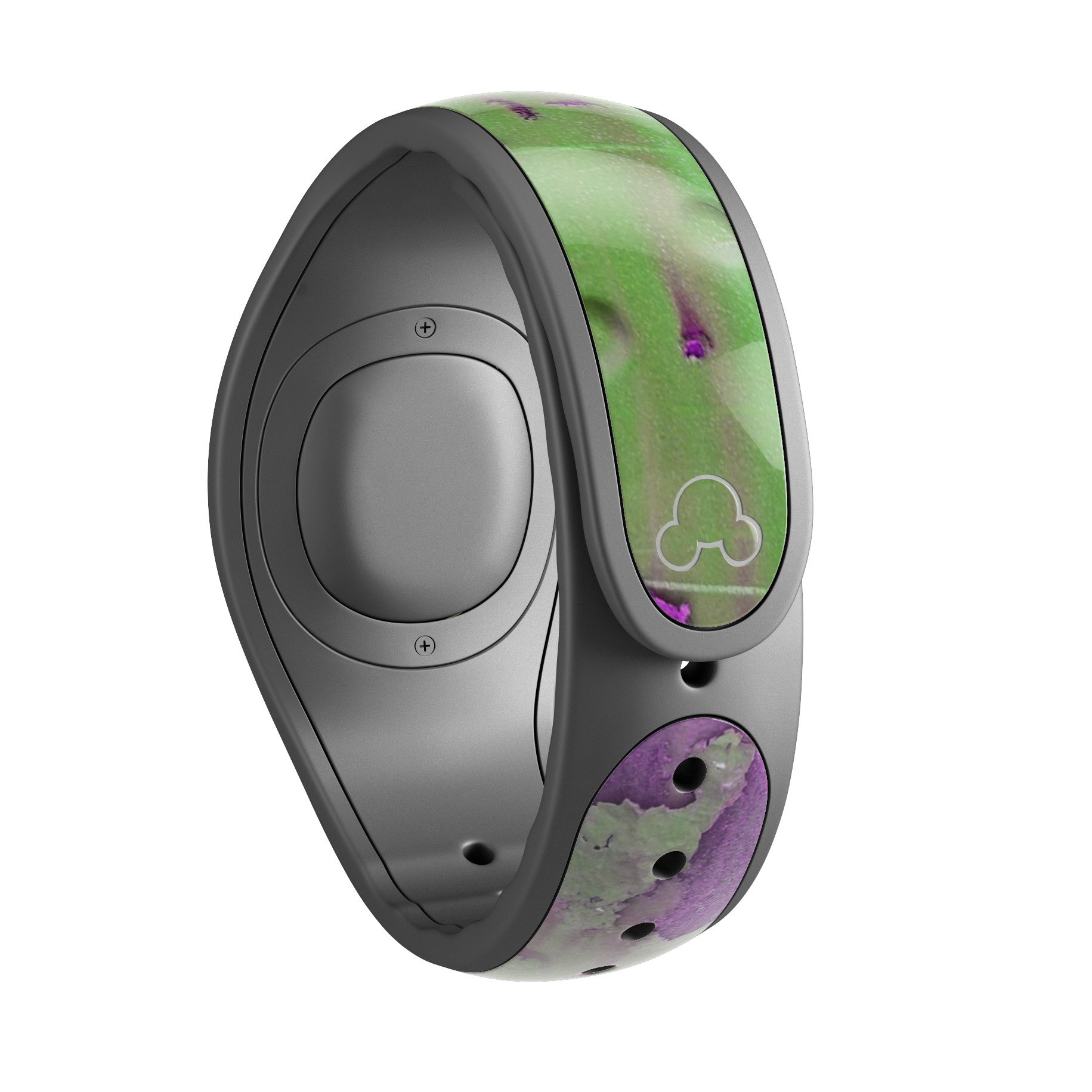 Green Metal with Purple Rust decal skin wrap kit for Disney Magic Band, showcasing vibrant colors and unique design.