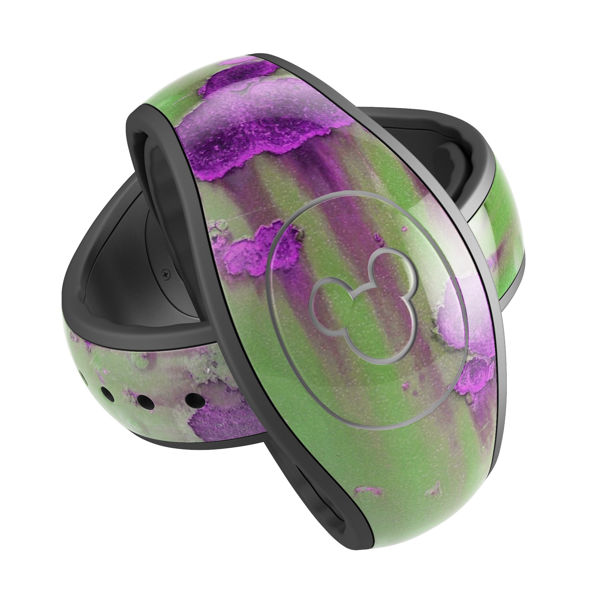 Green Metal with Purple Rust decal skin wrap kit for Disney Magic Band, showcasing vibrant colors and unique design.