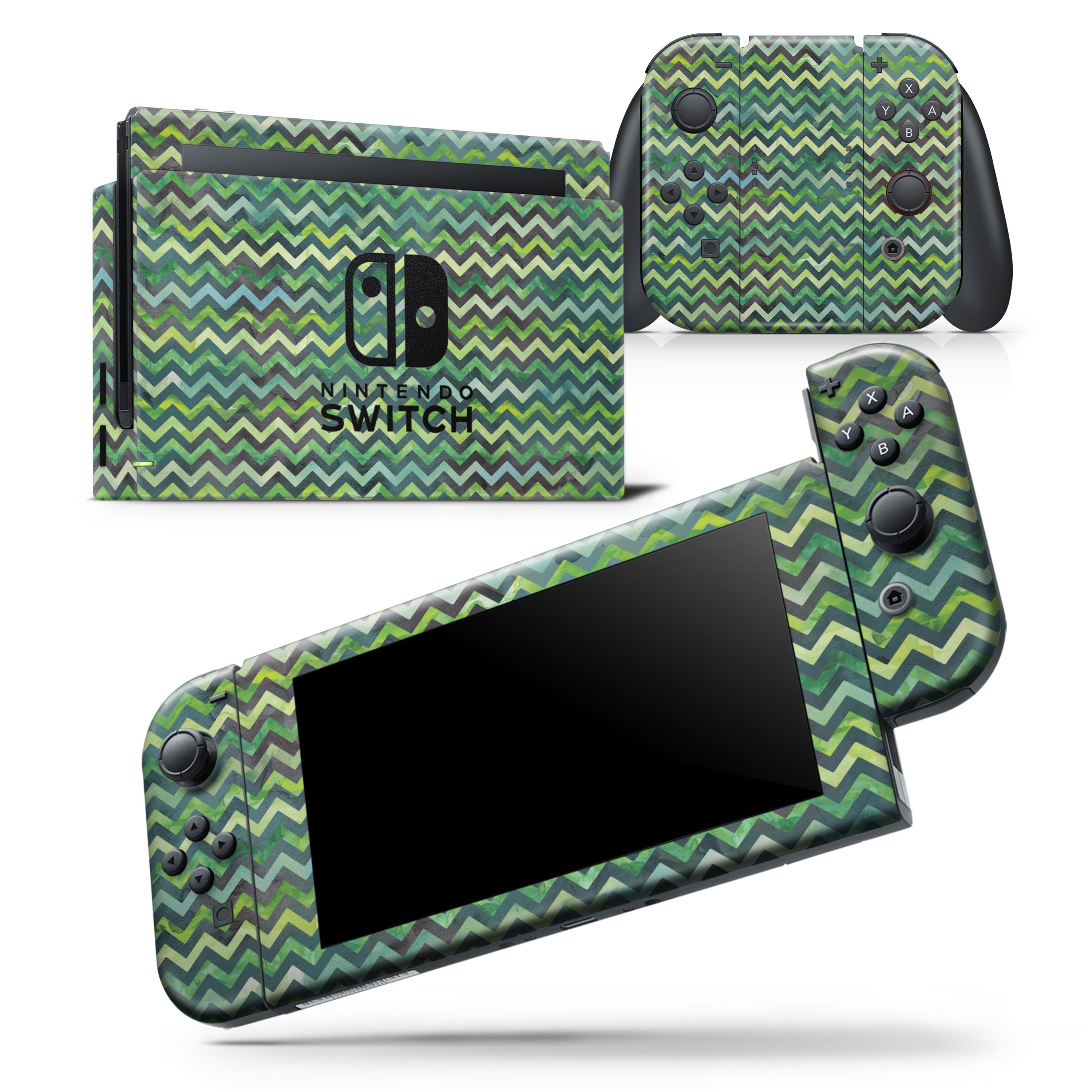 Green Multi Watercolor Chevron skin wrap decal for Nintendo Switch, showcasing vibrant colors and a stylish chevron pattern.