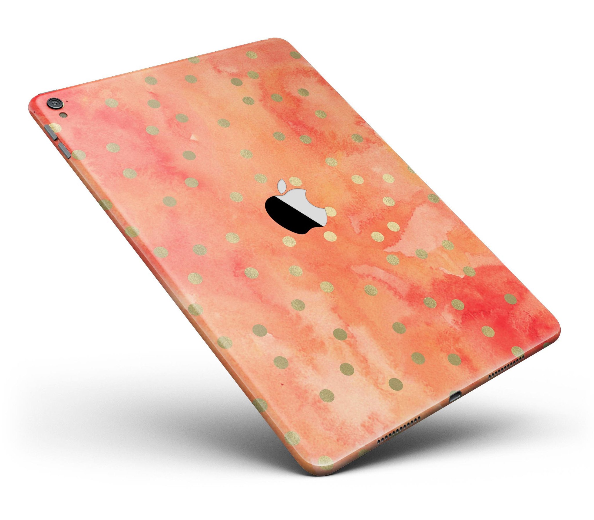 Green polka dots design on a water-colored background, applied to an iPad Pro, showcasing a stylish and protective skin.