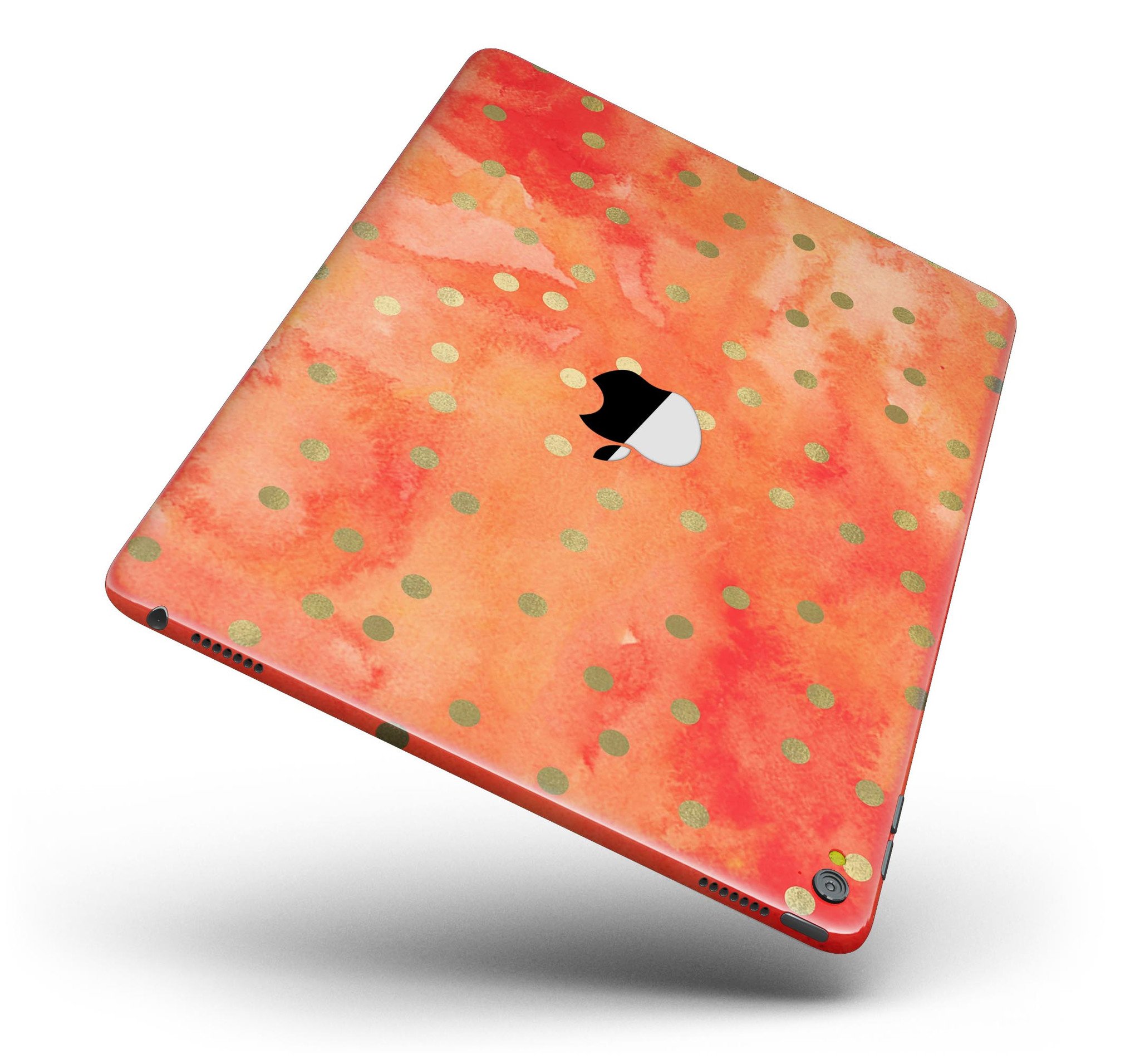 Green polka dots design on a water-colored background, applied to an iPad Pro, showcasing a stylish and protective skin.