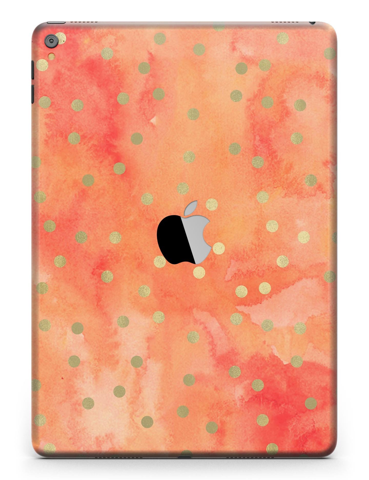 Green polka dots design on a water-colored background, applied to an iPad Pro, showcasing a stylish and protective skin.