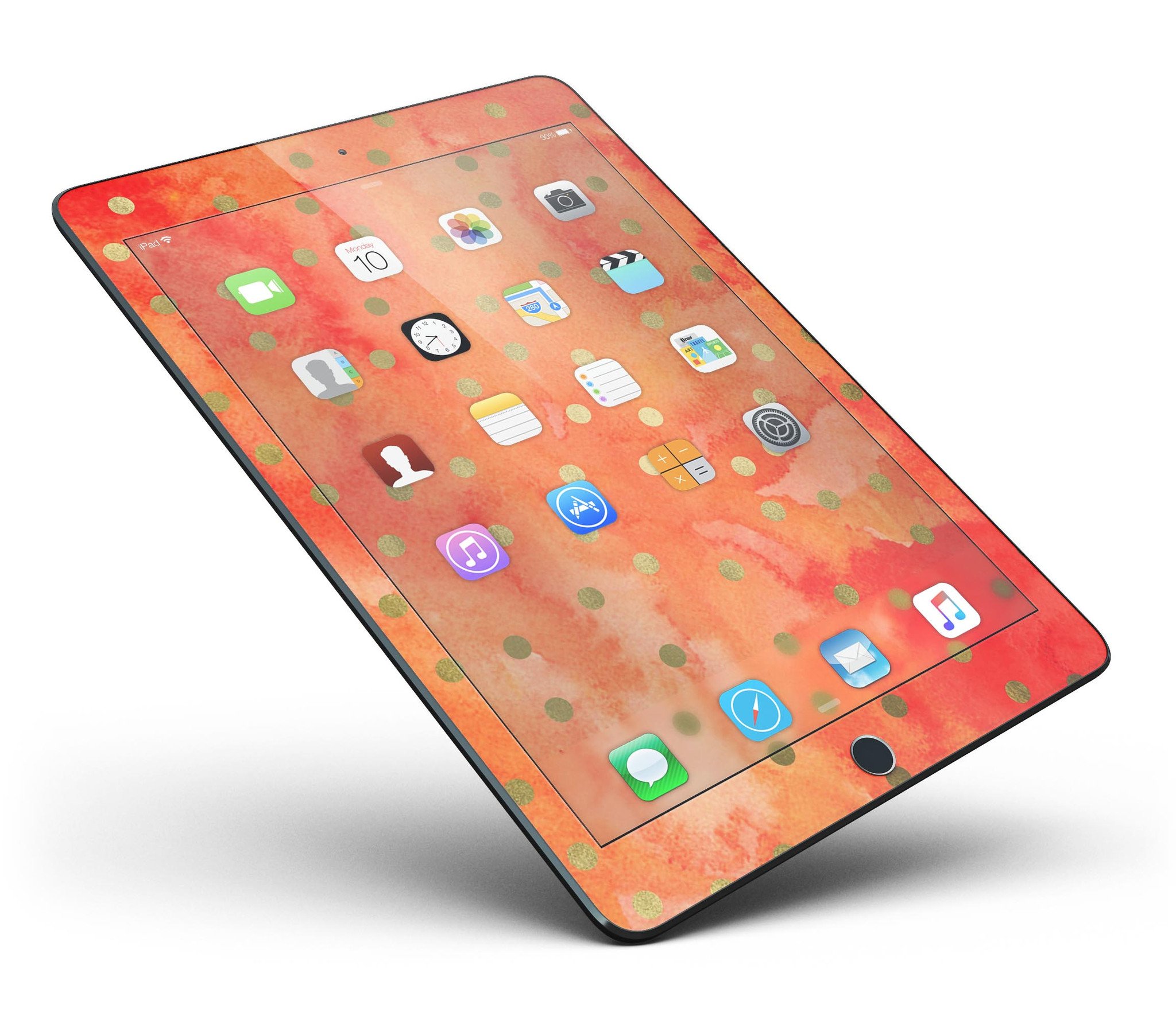 Green polka dots design on a water-colored background, applied to an iPad Pro, showcasing a stylish and protective skin.