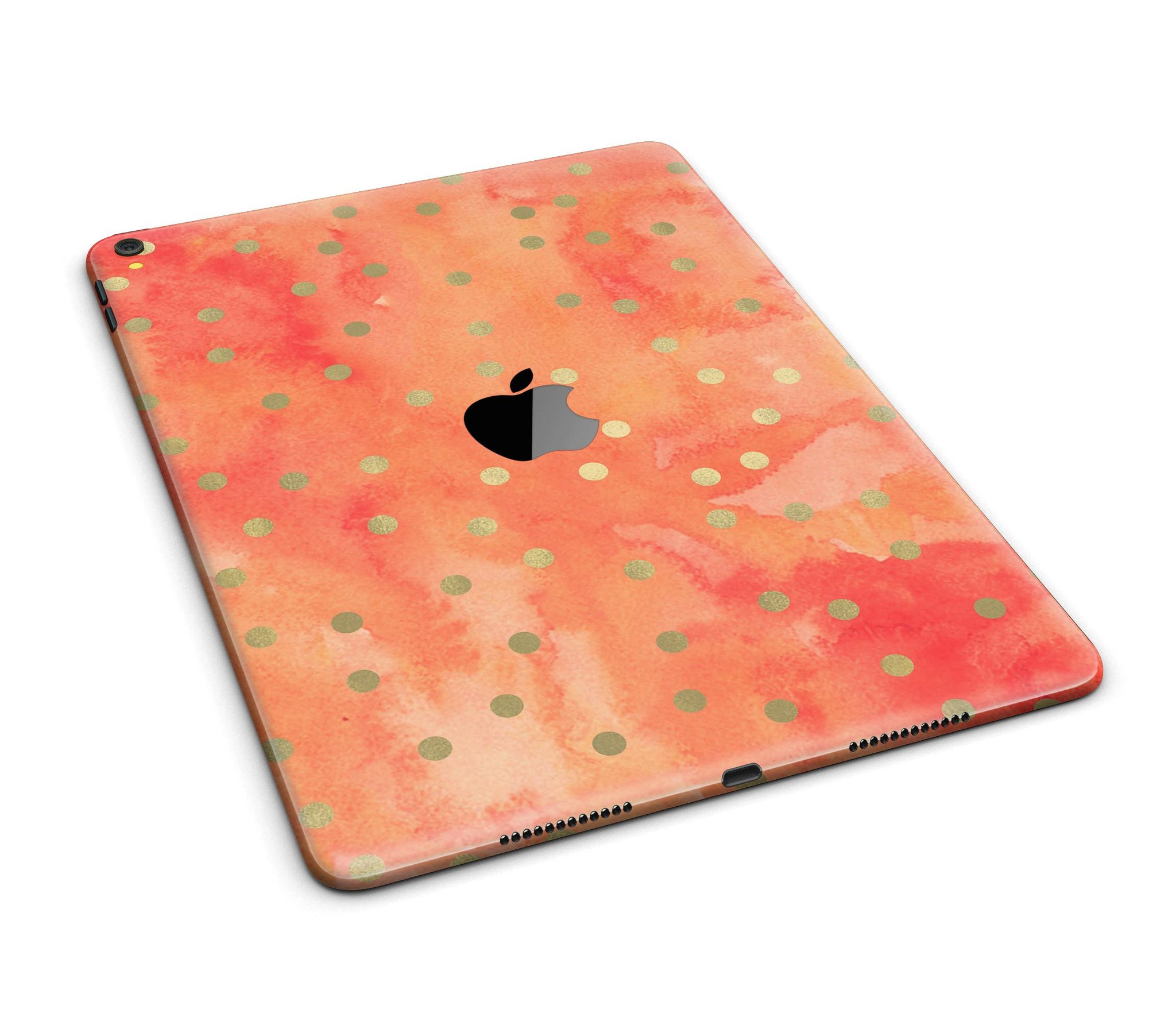 Green polka dots design on a water-colored background, applied to an iPad Pro, showcasing a stylish and protective skin.