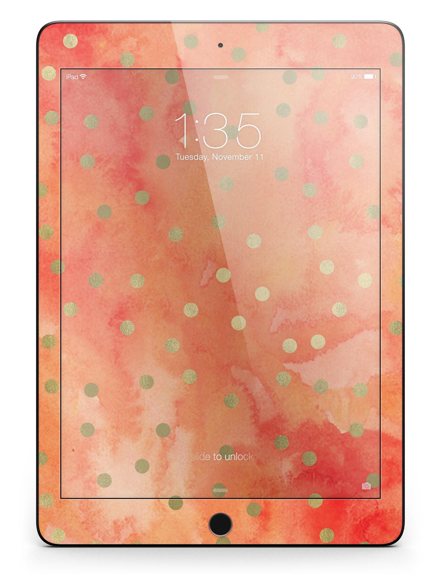 Green polka dots design on a water-colored background, applied to an iPad Pro, showcasing a stylish and protective skin.