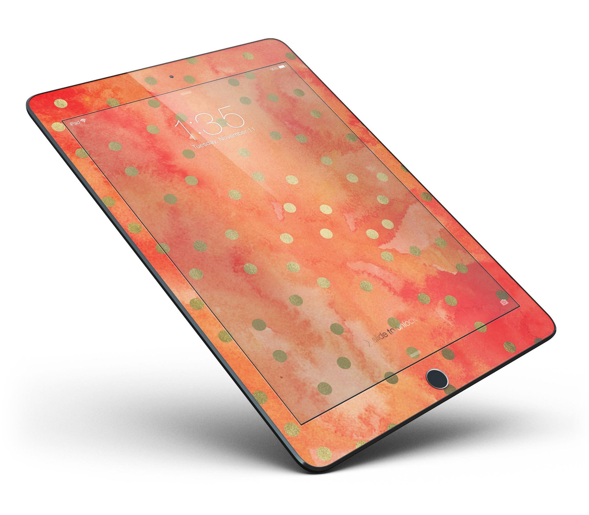 Green polka dots design on a water-colored background, applied to an iPad Pro, showcasing a stylish and protective skin.