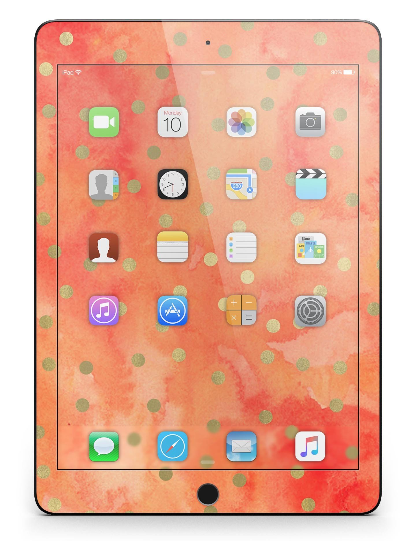 Green polka dots design on a water-colored background, applied to an iPad Pro, showcasing a stylish and protective skin.