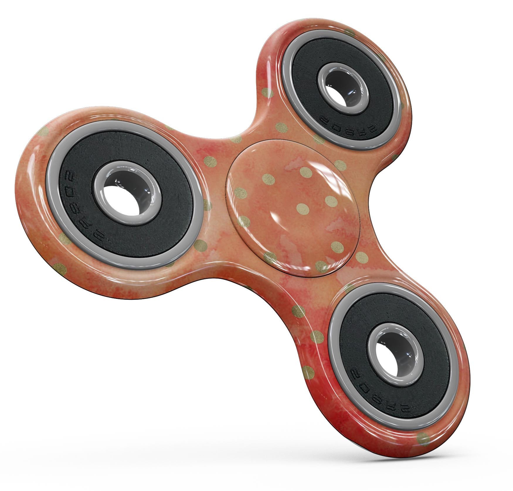 Green polka dots design on a water-colored fire fidget spinner skin, showcasing vibrant colors and a stylish pattern.