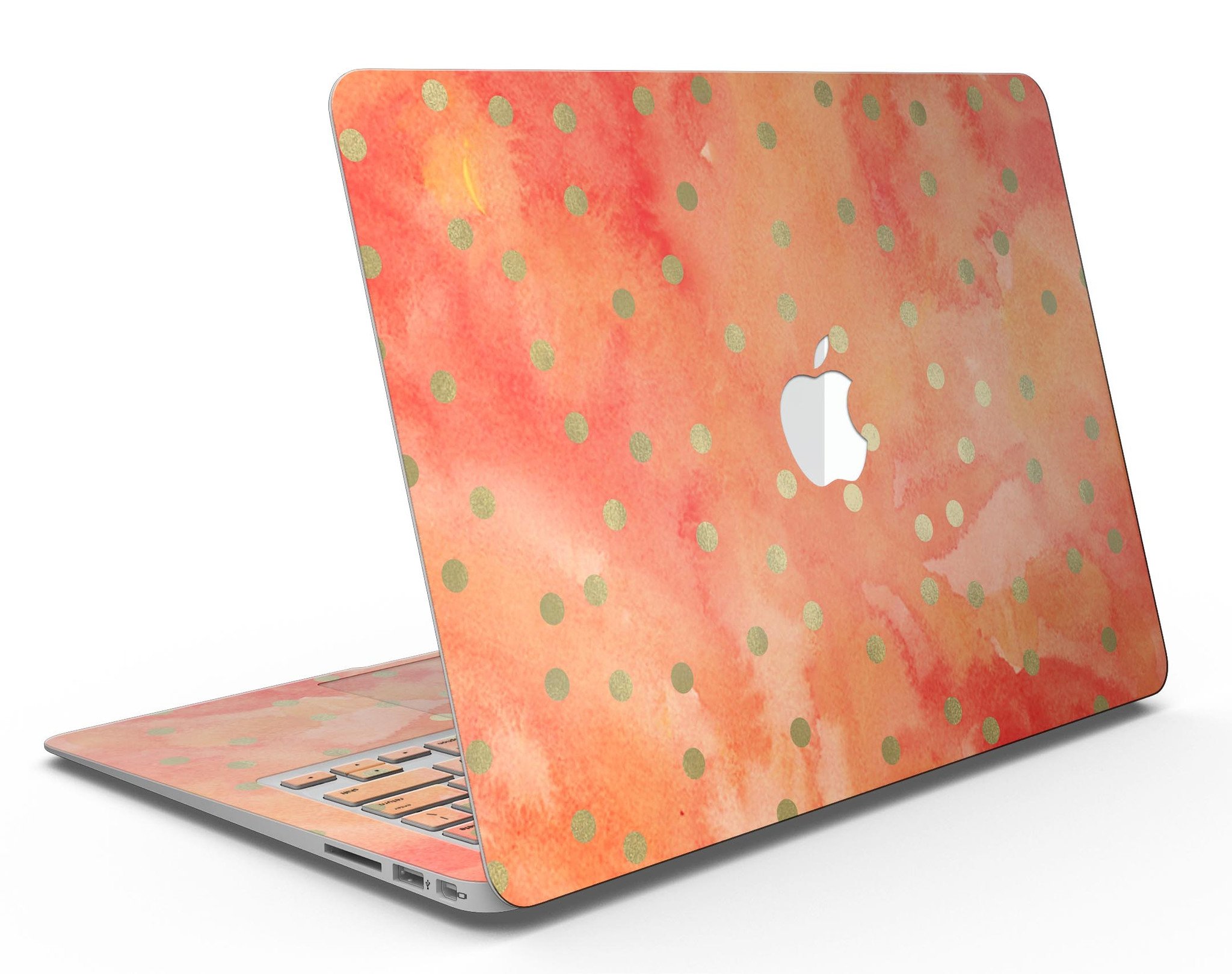 Green polka dots skin kit for MacBook Air, featuring a vibrant water-colored background, showcasing style and protection.