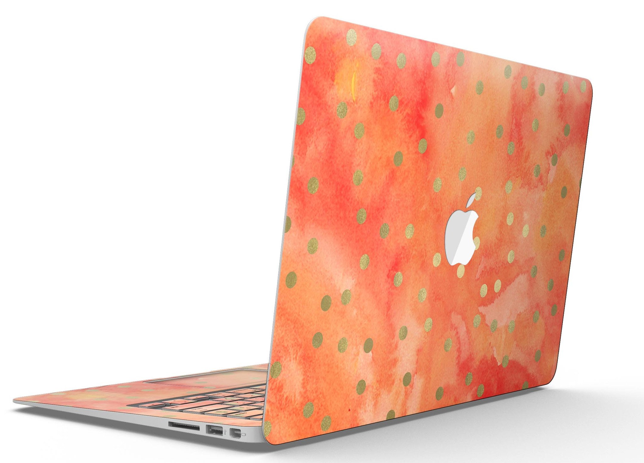 Green polka dots skin kit for MacBook Air, featuring a vibrant water-colored background, showcasing style and protection.