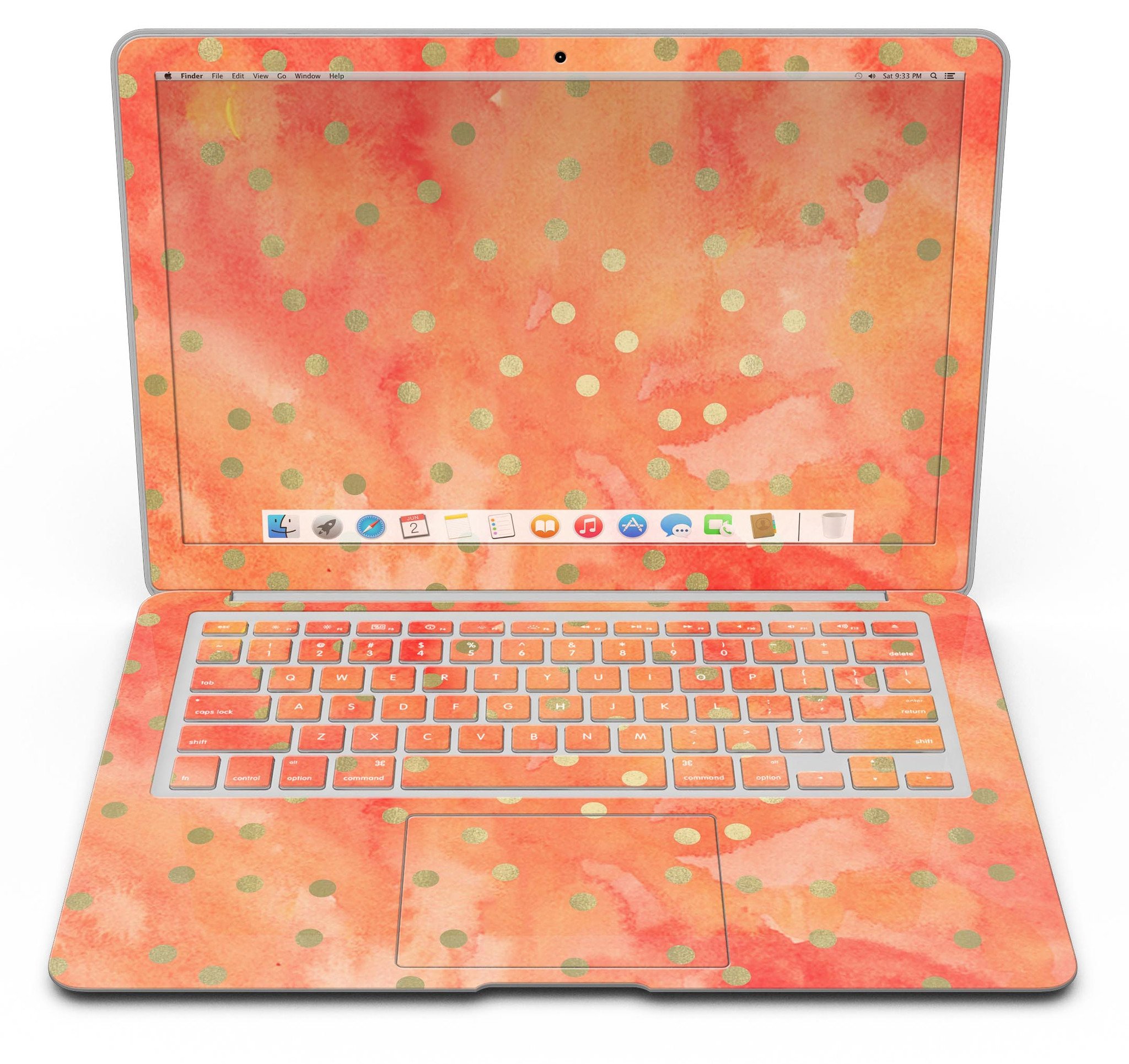 Green polka dots skin kit for MacBook Air, featuring a vibrant water-colored background, showcasing style and protection.