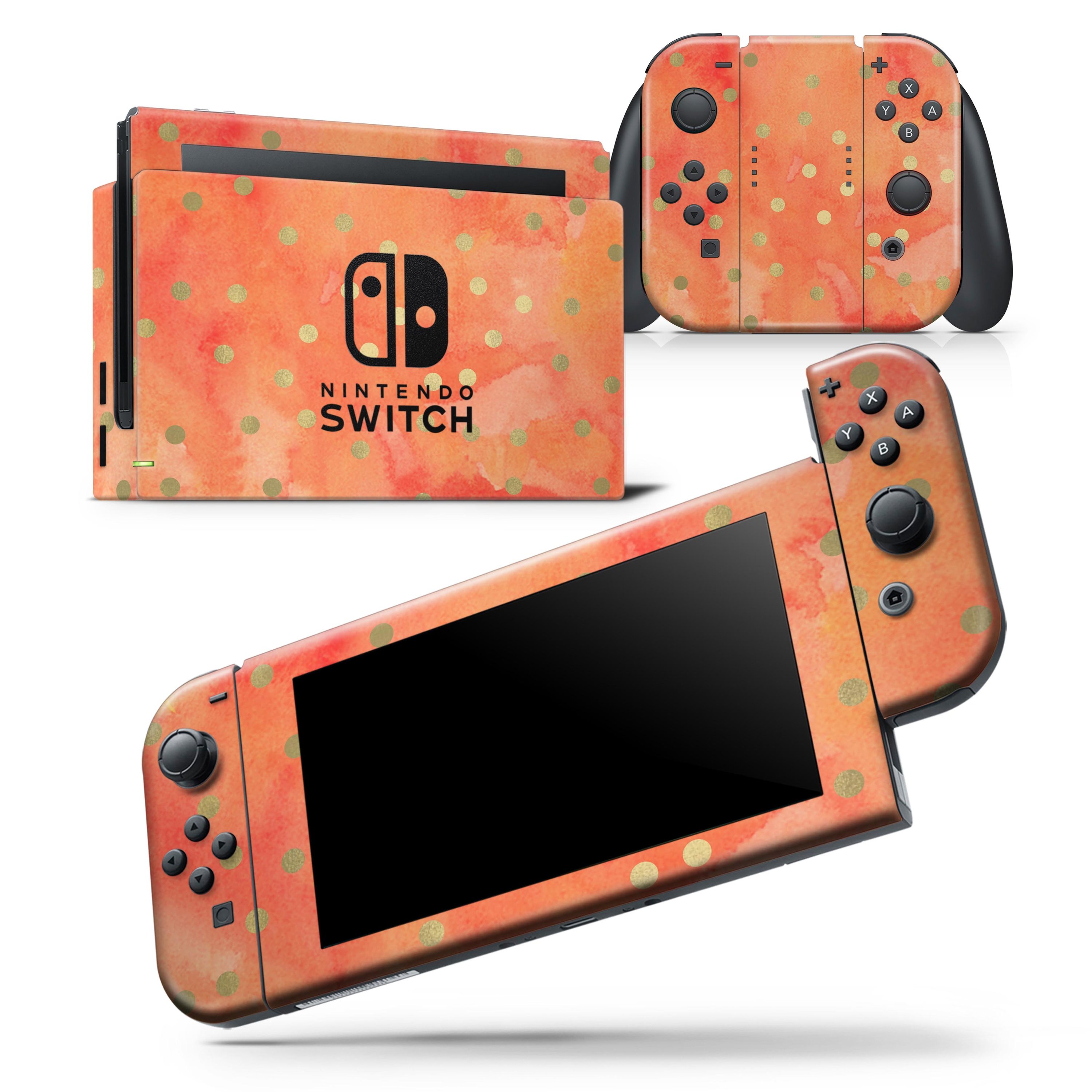 Green polka dots design over a water-colored fire background on a Nintendo Switch skin wrap decal.