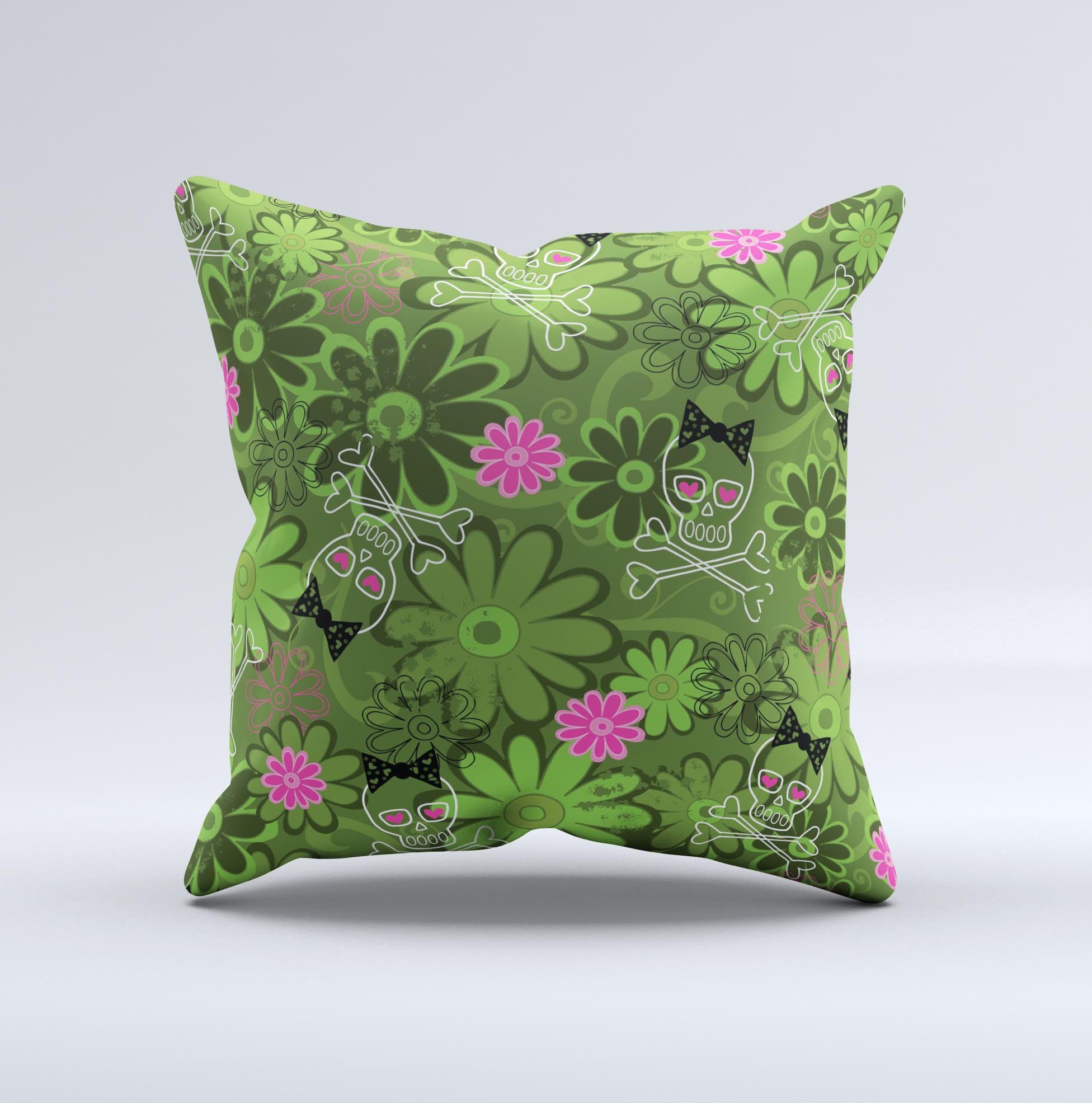 Green decorative throw pillow featuring a retro floral and skull design, handcrafted in Virginia with high-quality materials.