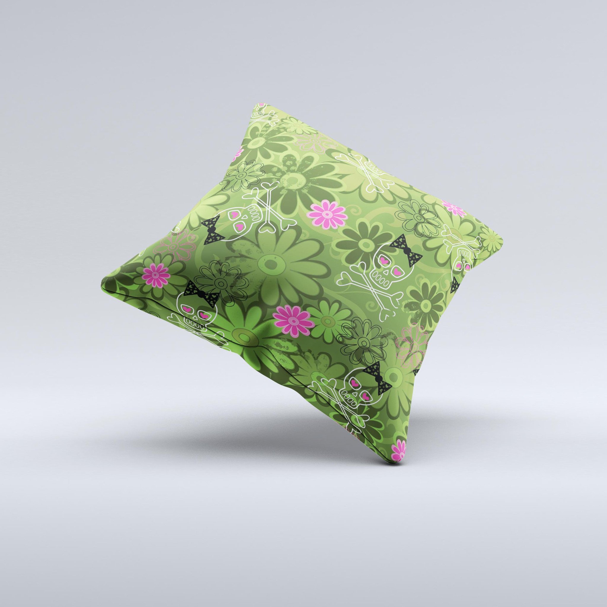 Green decorative throw pillow featuring a retro floral and skull design, handcrafted in Virginia with high-quality materials.