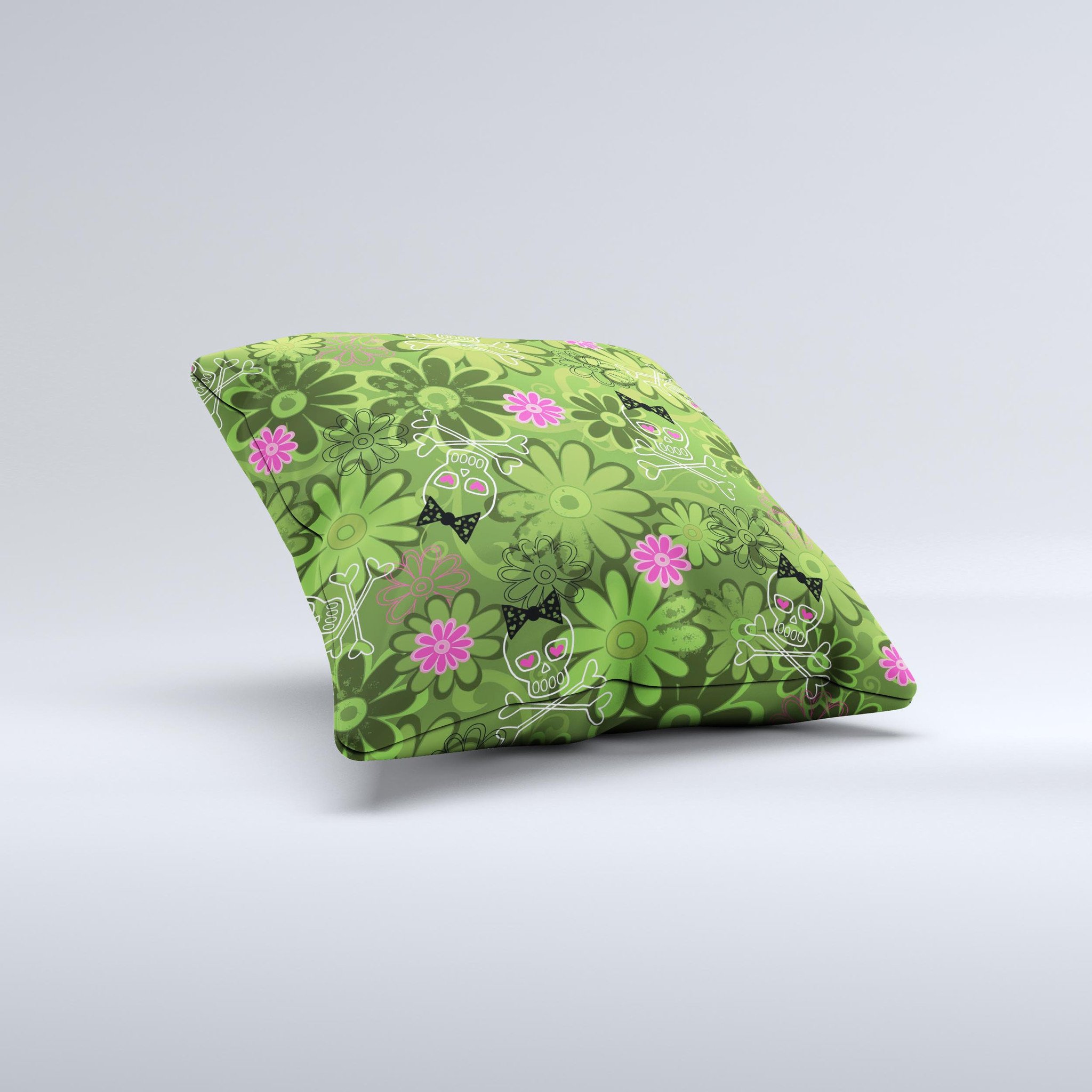 Green decorative throw pillow featuring a retro floral and skull design, handcrafted in Virginia with high-quality materials.